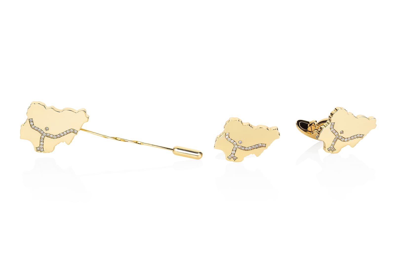  Thelma West Motherland 18k Gold pin and cufflinks set with diamonds