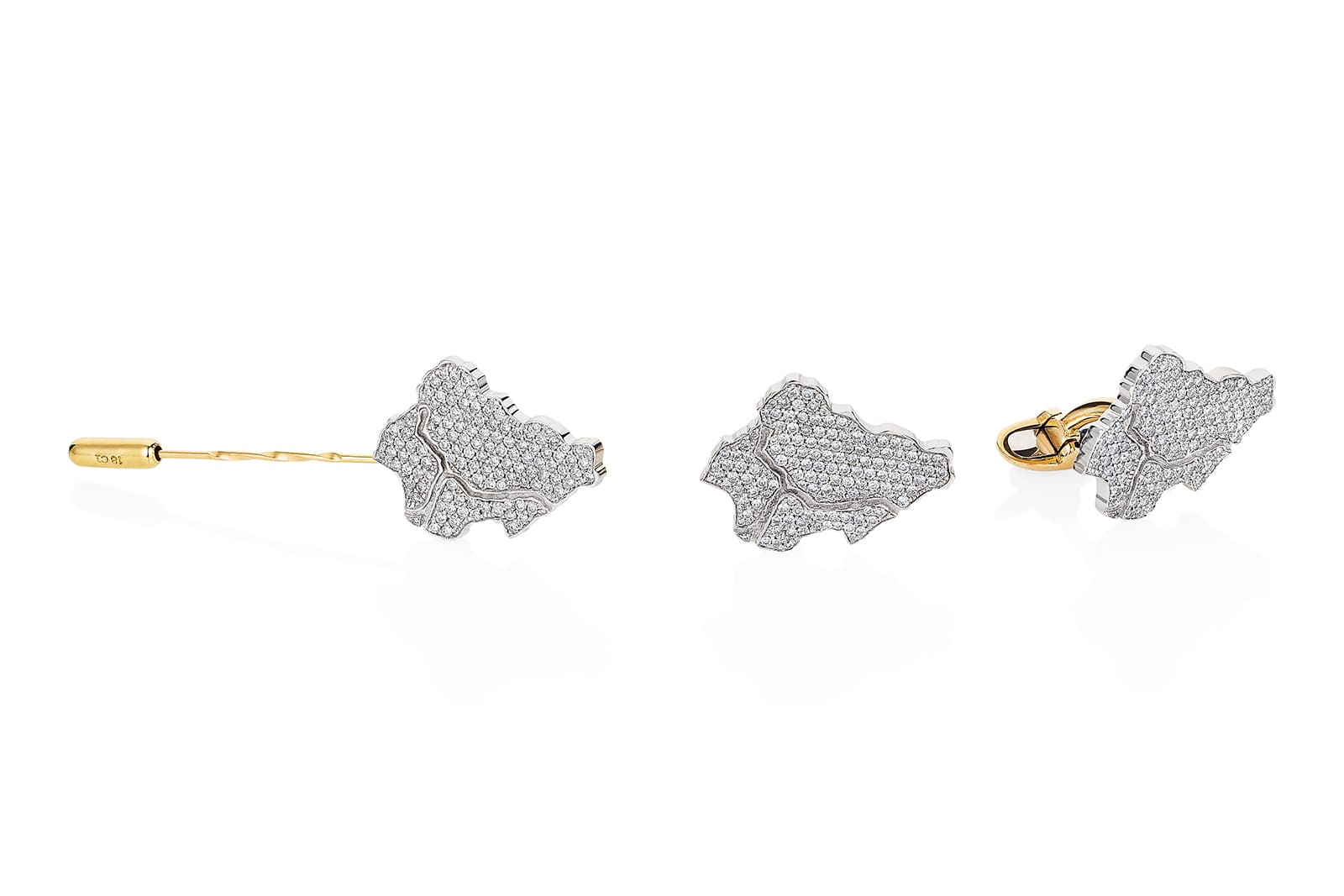  Thelma West Motherland 18k white gold pin and cufflinks, inspired by a map of Nigeria, and set with 3.60 carats of diamonds