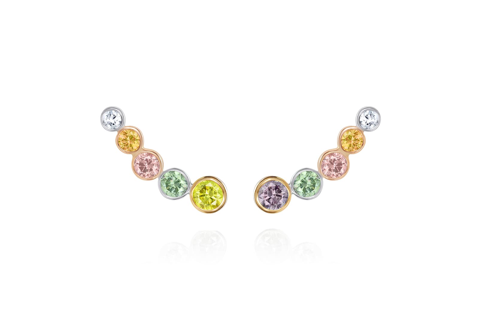  Thelma West Rainbow ear climbers with fancy colour and white diamonds in 18k yellow, white and rose gold