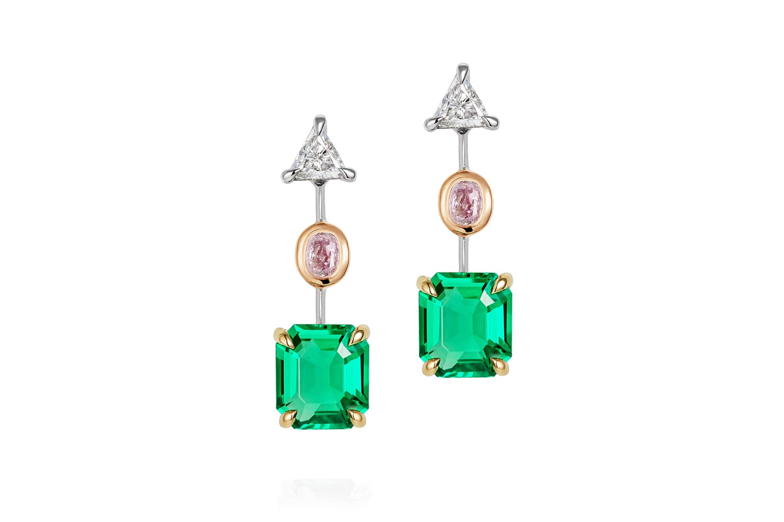  Thelma West Eden Drops earrings with Colombian emeralds, pink diamonds from Botswana and white trillions from South Africa