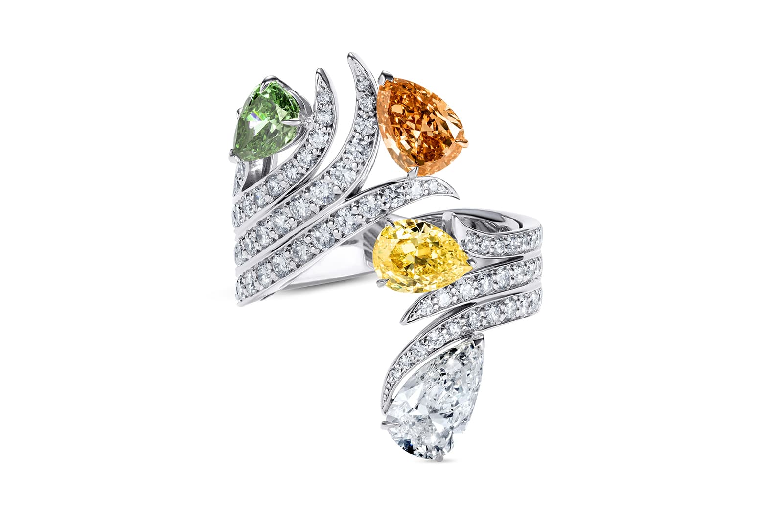 Thelma West Idunnu Pears ring with 6.15 carats of colourless, green, yellow and orange diamonds set in platinum