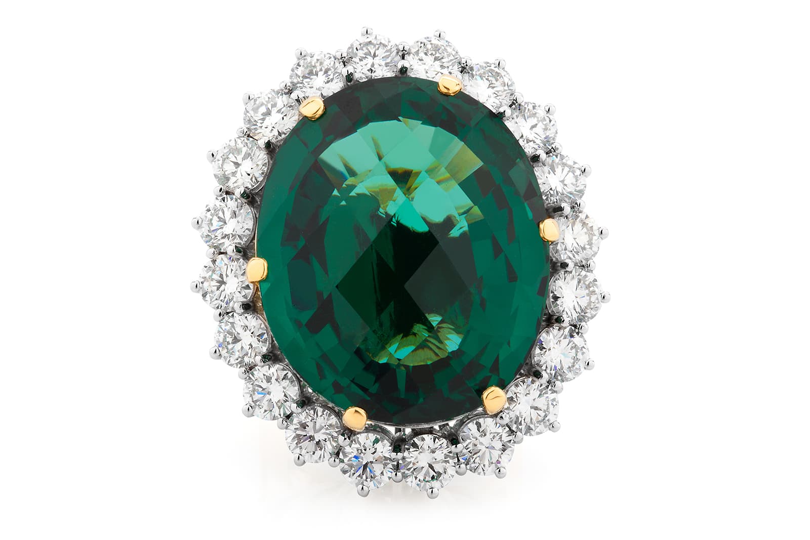 Thelma West Motherland ring set with a green oval-shaped garnet surrounded by 20 carats of round brilliant diamonds