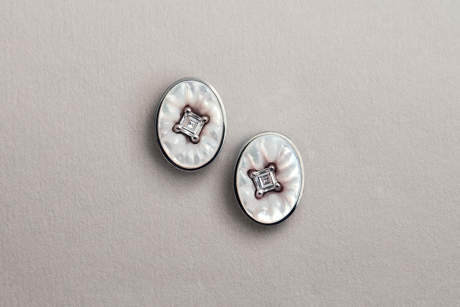  Melanie Georgacopoulos Oval Embedded Earrings from the Carats Collection in mother of pearl and carre cut diamonds in 18ct white gold
