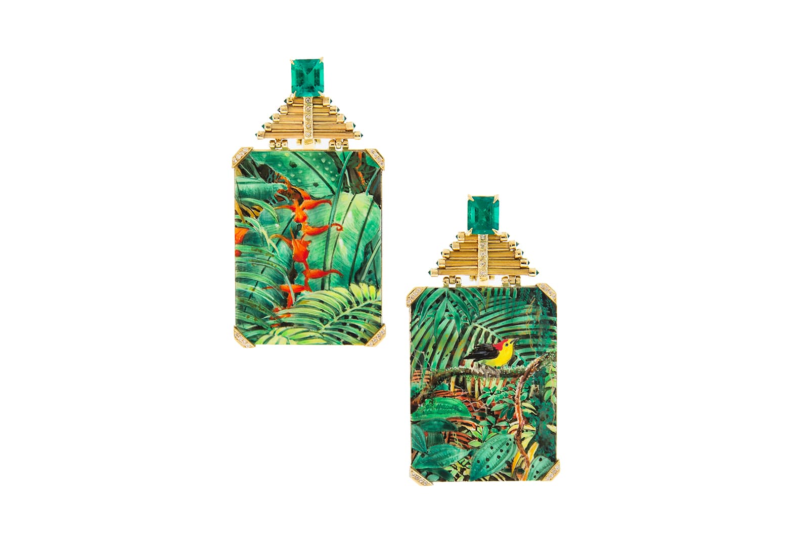  Silvia Furmanovich Miniature Painting earrings with 2.88 carats of Muzo emeralds and diamonds in 18k yellow gold, leading to two hand-painted tropical scenes  
