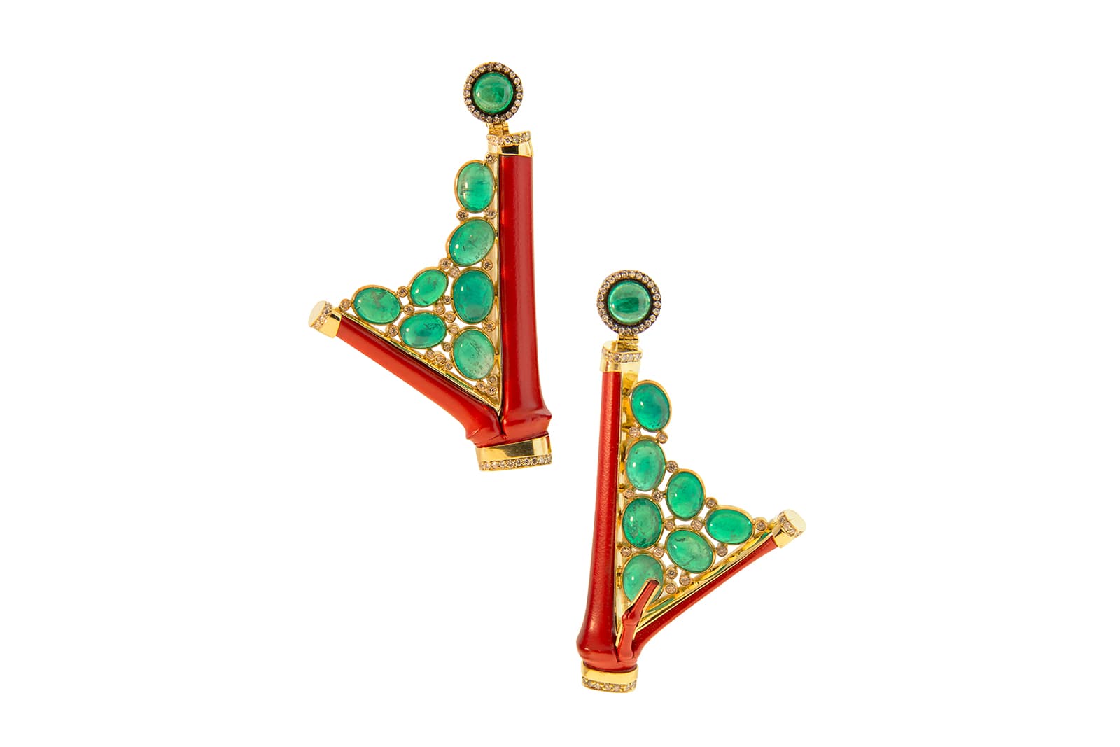 Silvia Furmanovich Bamboo earrings with 34.97 carats of Muzo cabochon emeralds, 2.51 carats of diamonds, and bamboo in 18k yellow gold 