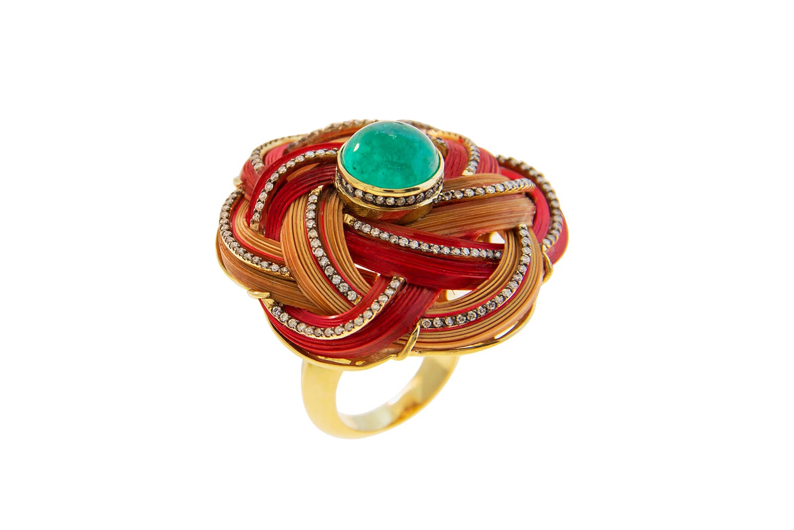  Silvia Furmanovich Bamboo ring with a central 4.94 carat Muzo emerald cabochon, surrounded by light brown diamonds and multi-coloured woven bamboo 