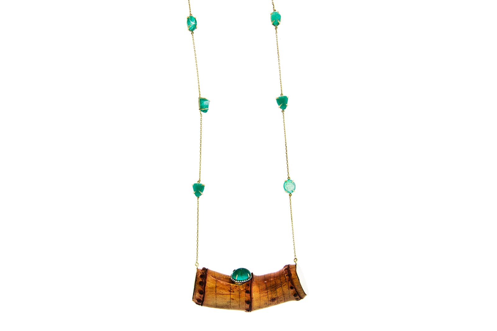  Silvia Furmanovich Bamboo necklace with tumbled Muzo emeralds totalling 42.45 carats and light brown diamonds in 18k yellow gold