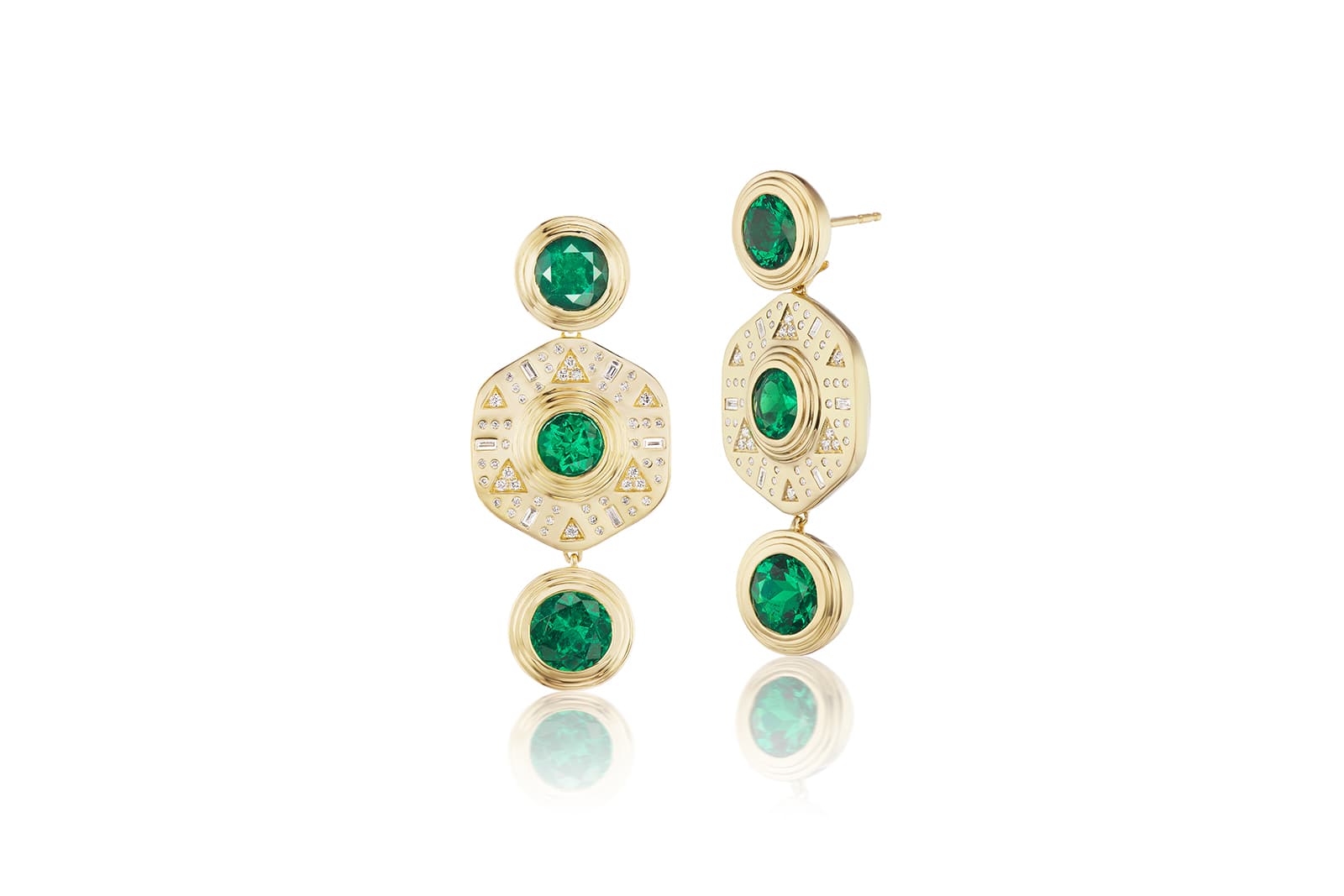  Harwell Godfrey Drop earrings with 10.80 carats of Muzo emeralds and diamonds in 18k yellow gold