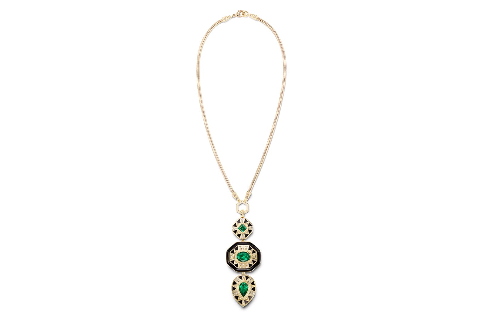  Harwell Godfrey Totem necklace with square-, oval- and pear-shaped Muzo emeralds totalling 8.63 carats, with black and white onyx inlay and white diamonds in 18k yellow gold