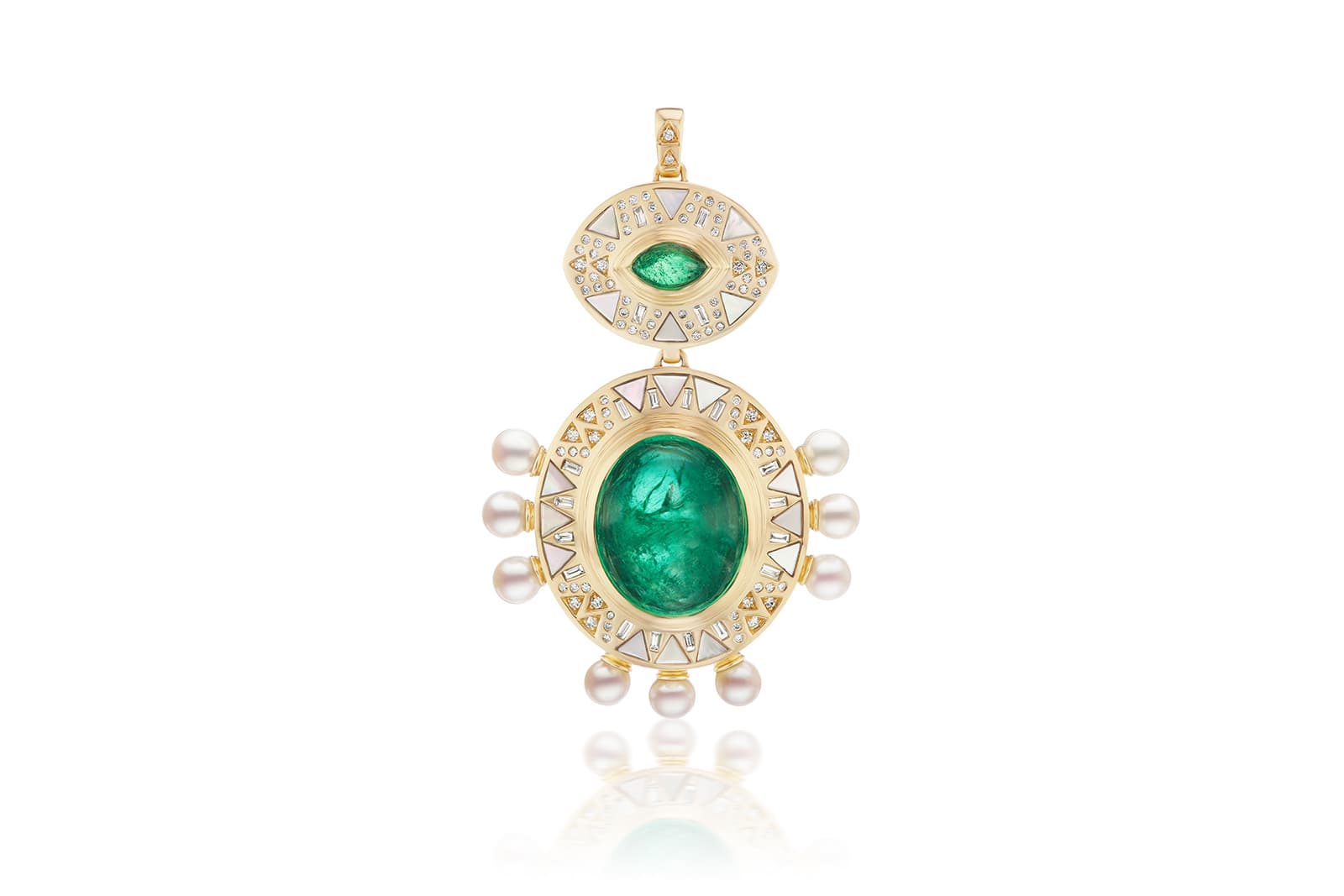   Harwell Godfrey pendant with a 1.41 carat marquise-cut Muzo emerald and a 23.12 carat oval-shaped emerald, with mother of pearl inlay, white diamonds and cultured pearls in 18k yellow gold