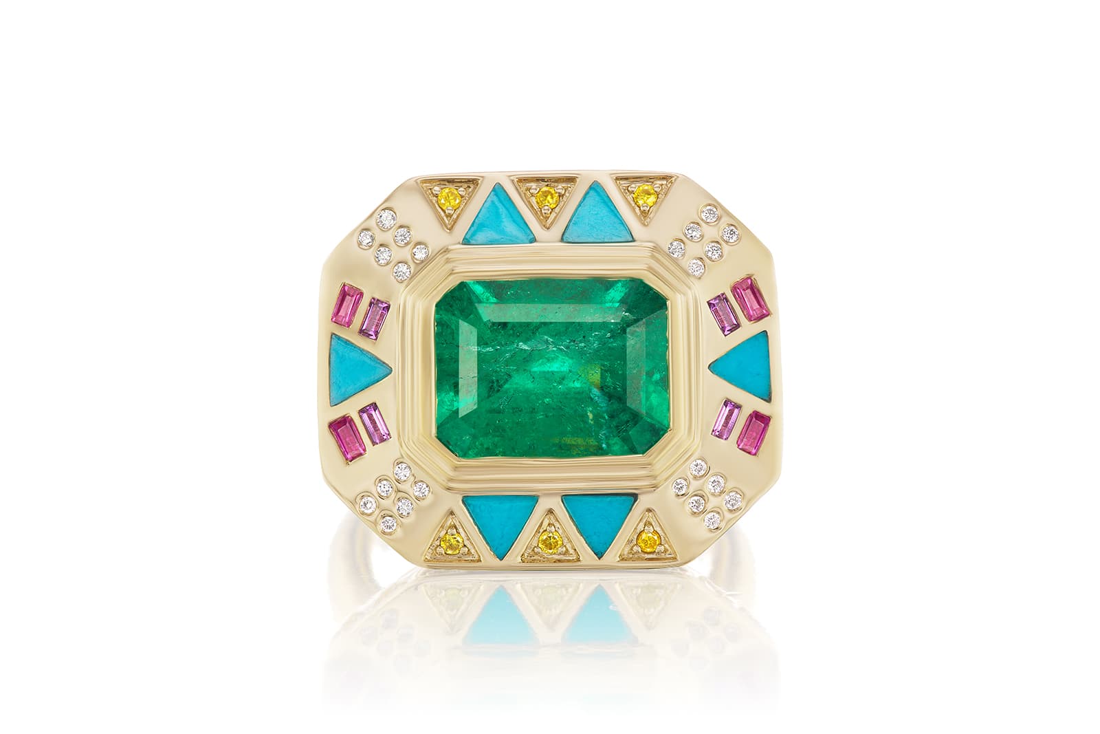  Harwell Godfrey ring with a 5.20 carat Muzo emerald, turquoise inlay, yellow and white diamonds, pink sapphires and amethysts in 18k yellow gold