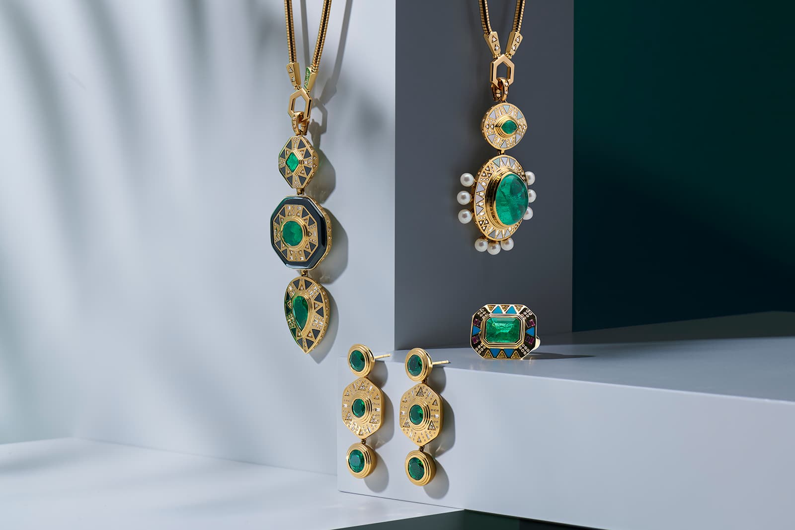 Pieces created by Harwell Godfrey for the Muzo Emerald collaborative project