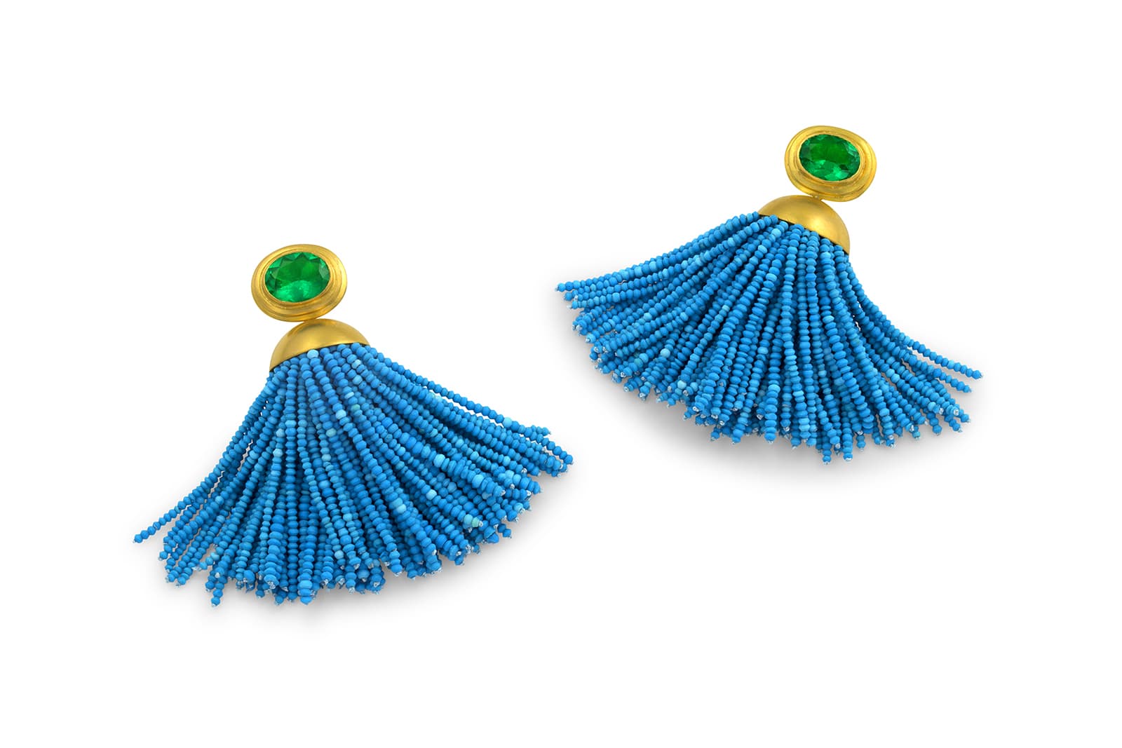  Loren Nicole Sipan tassel earrings in 22k yellow gold with 2.51 carats of Muzo emeralds and natural turquoise beaded tassels