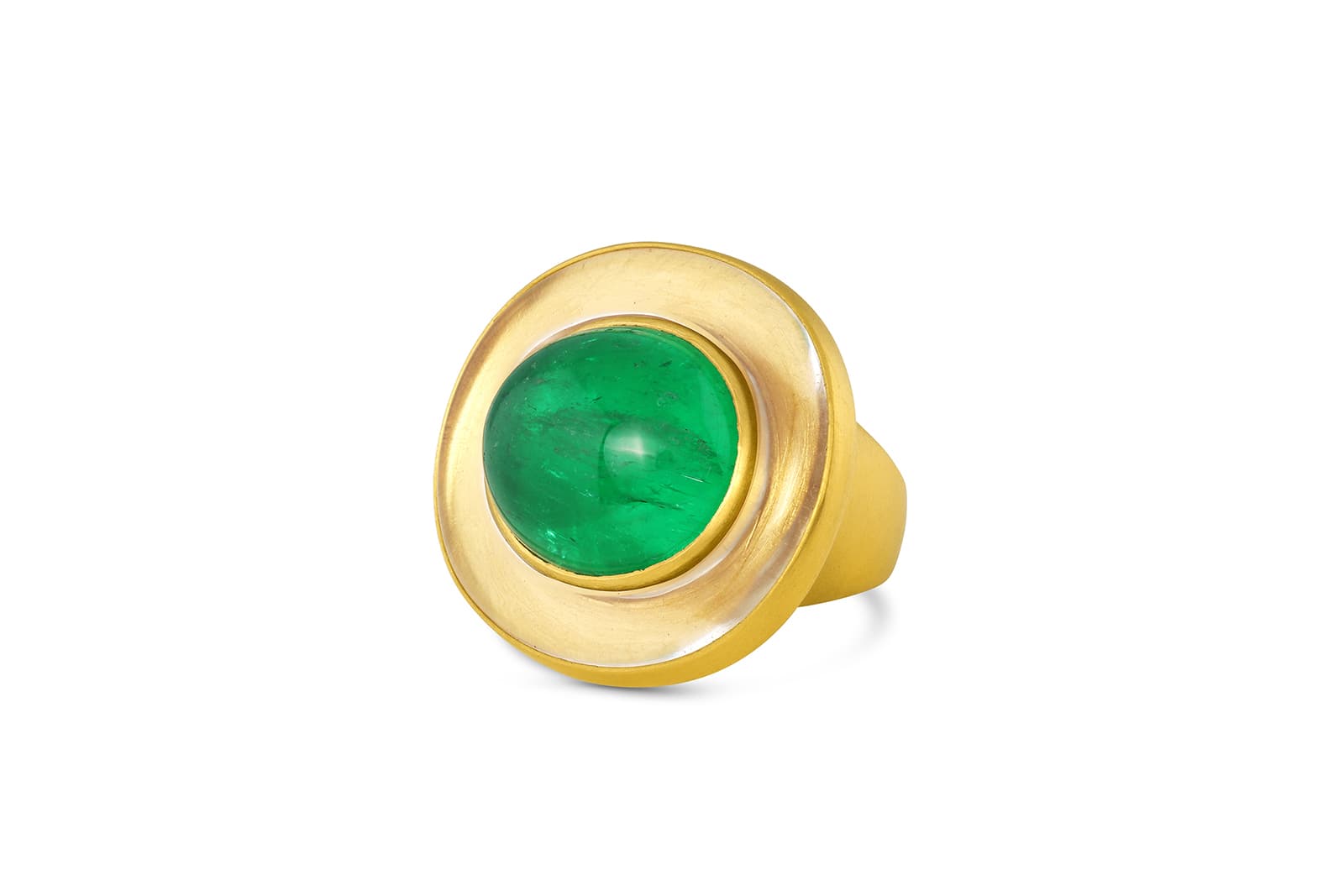  Loren Nicole Emerald Waters ring with a 21.75 carat emerald cabochon and rock crystal in 22k yellow gold