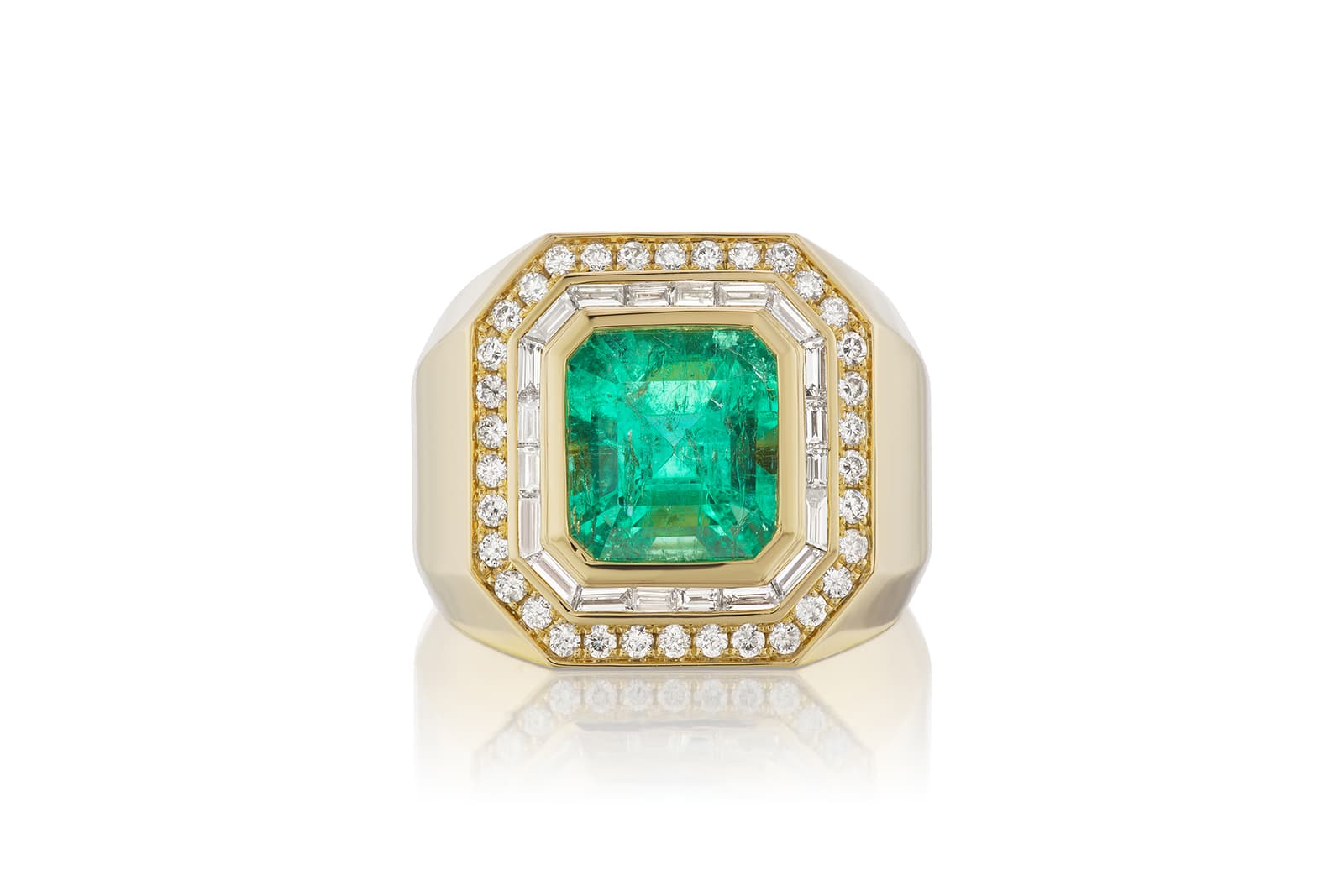  Sorellina Baguette Nomad ring with a 2.87 carat Muzo emerald and diamonds in 18k yellow gold