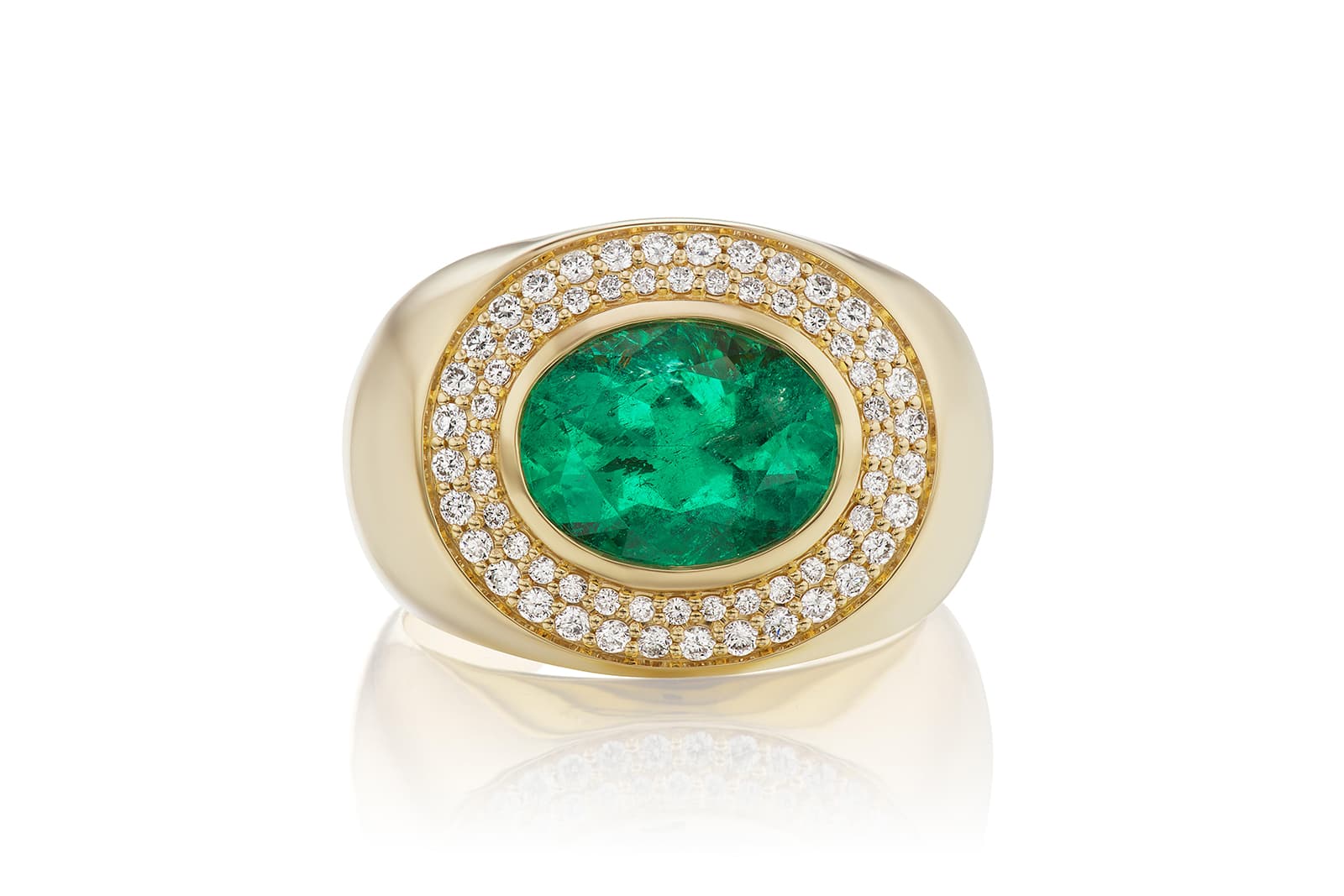  Sorellina Nomad ring with a 2.50 carat Muzo emerald and 2.50 carats of diamonds in 18k yellow gold