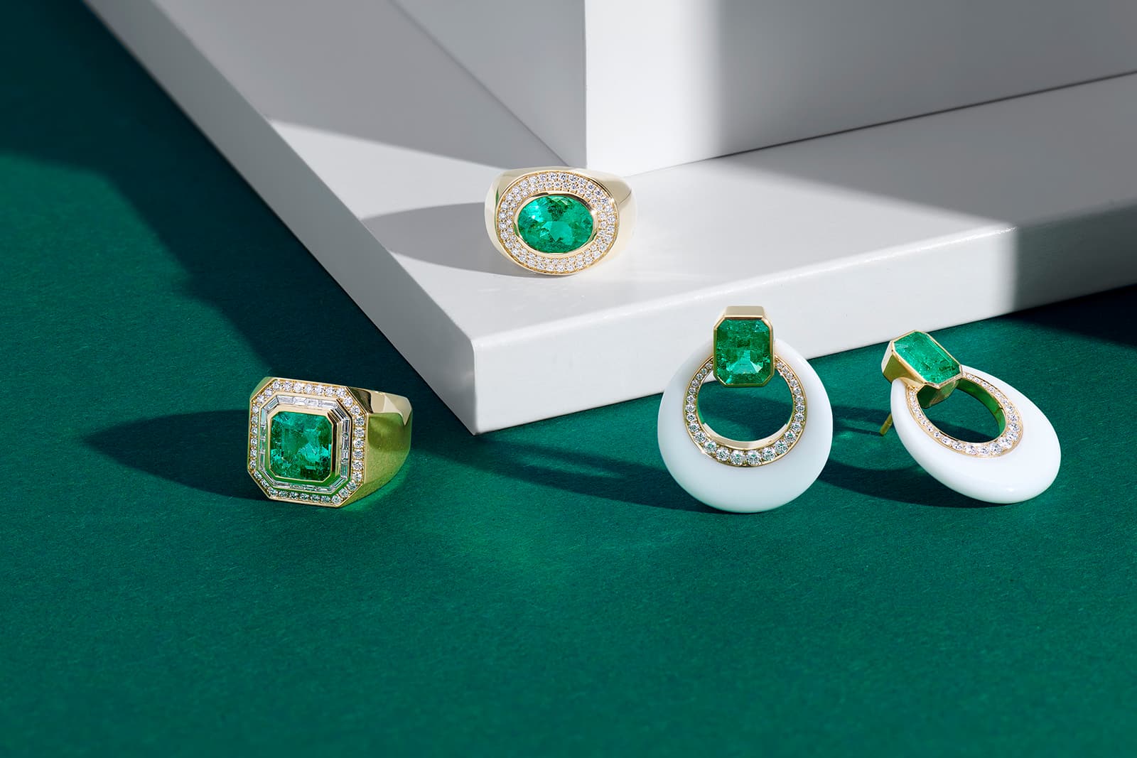 Muzo emerald and diamond jewellery pieces, including earrings with carved onyx, by Nicole Carosella and Kim Carosella of Sorellina