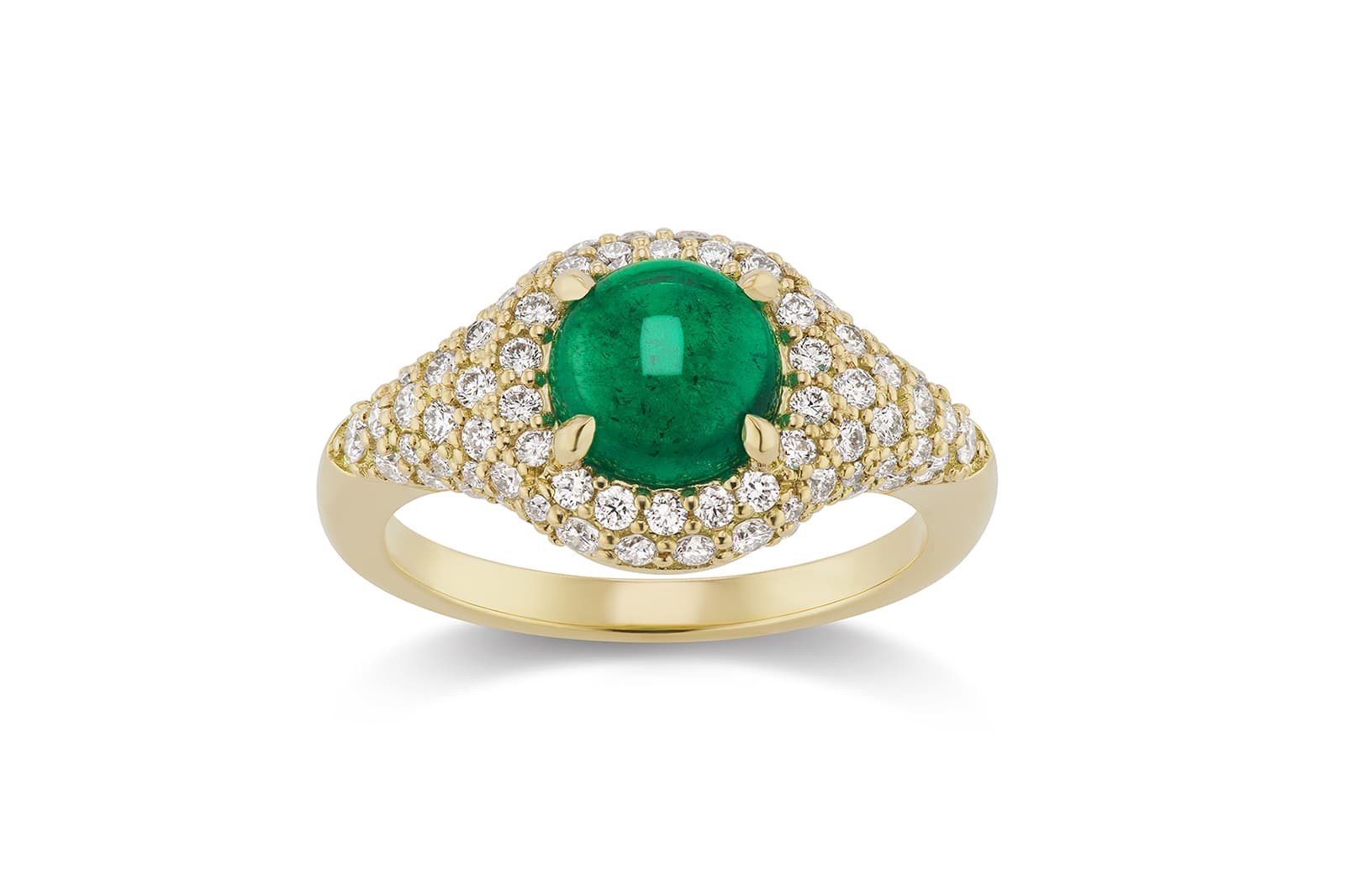  Michelle Fantaci Round Cabochon ring with a 1.40 carat Muzo emerald in 18k yellow gold