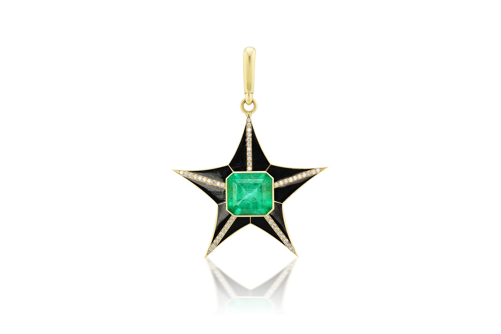  Jenna Blake Star charm with a 3.73 carat Muzo emerald, black enamel and diamonds in 18k yellow gold