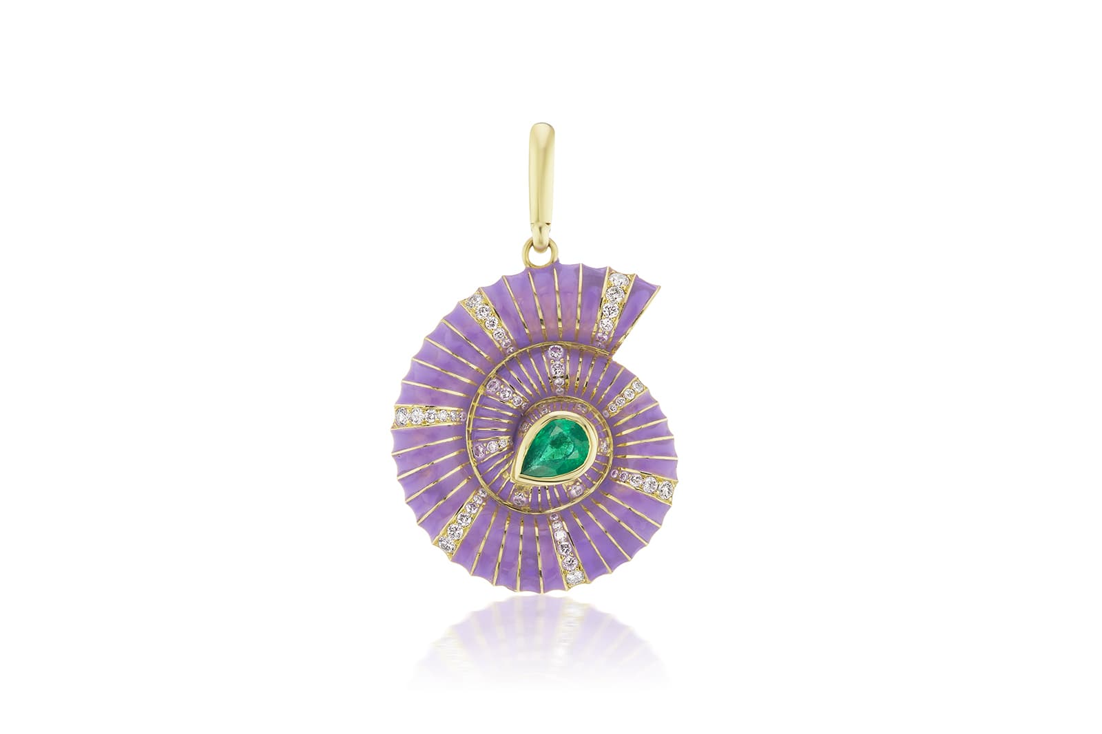 Jenna Blake Shell charm with a 2 carat Muzo emerald and diamonds with lavender enamel in 18k yellow gold