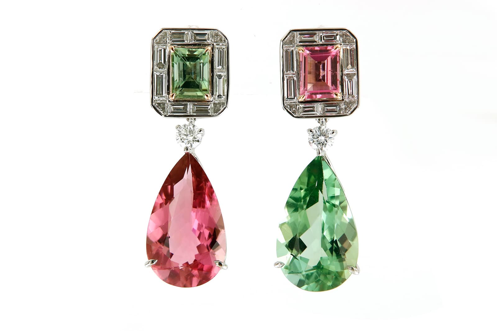  AENEA asymmetric earrings with green and pink tourmalines in platinum  