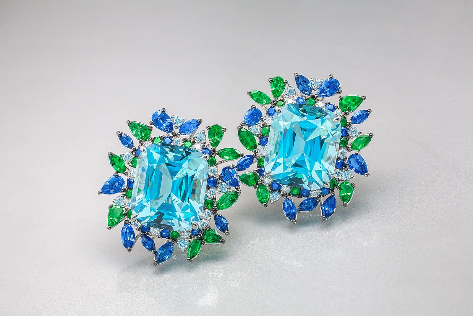  Alexander Laut earrings with aquamarine, green tsavorites, blue sapphires and diamonds