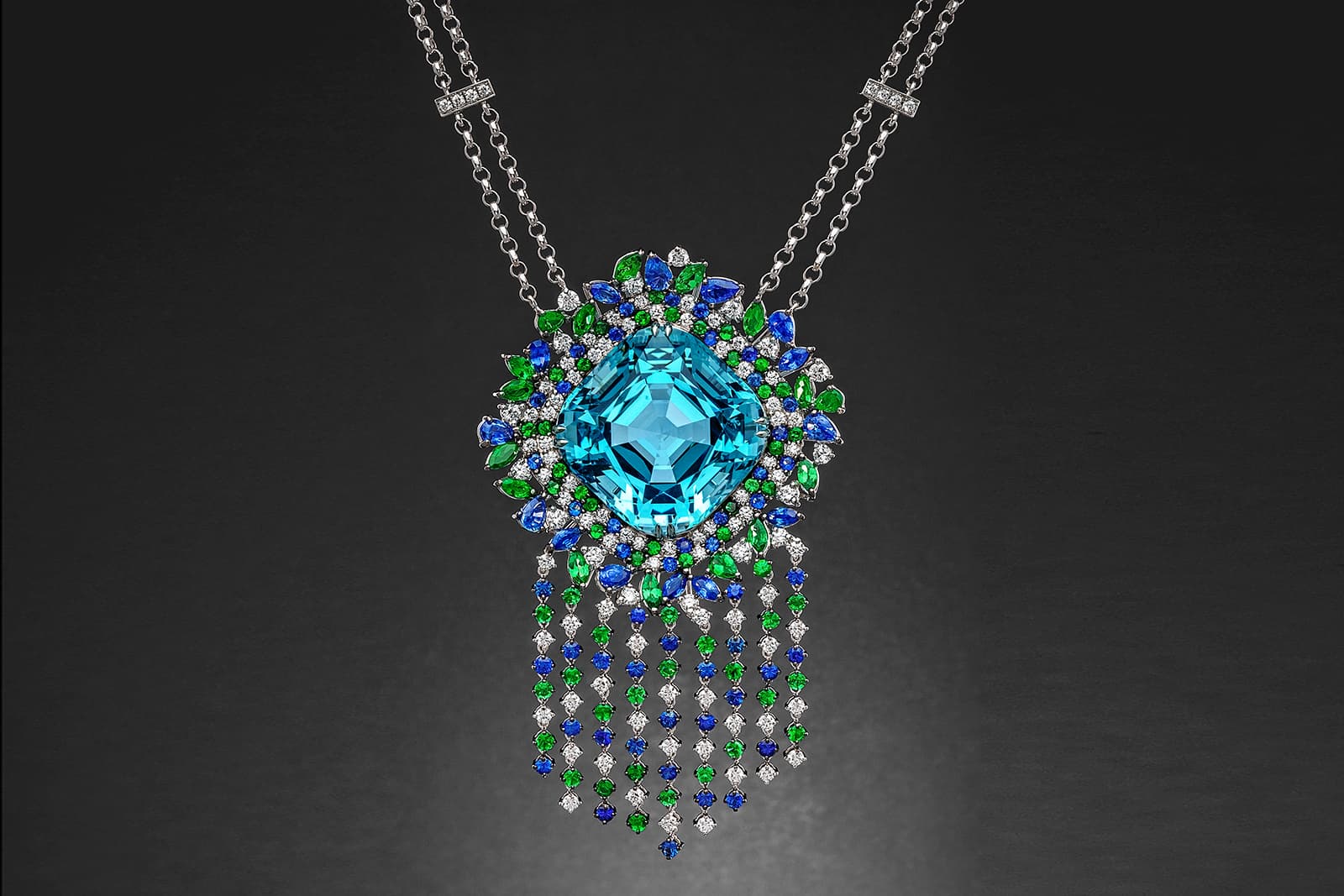  Alexander Laut necklace with aquamarine, green tsavorites, blue sapphires and diamonds
