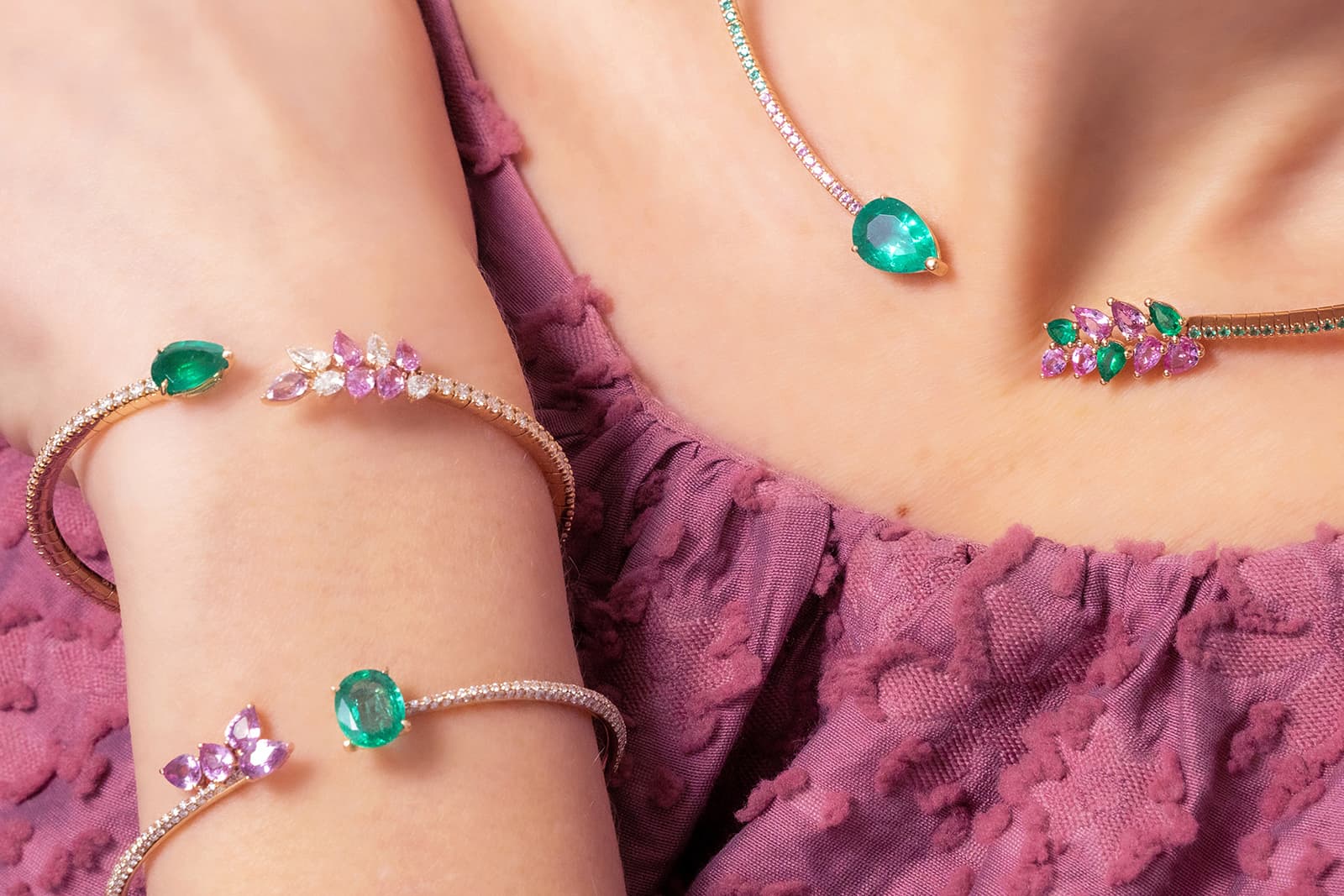  Gismondi 1754 Essenza bracelets and necklace with emeralds, diamonds and pink sapphires 