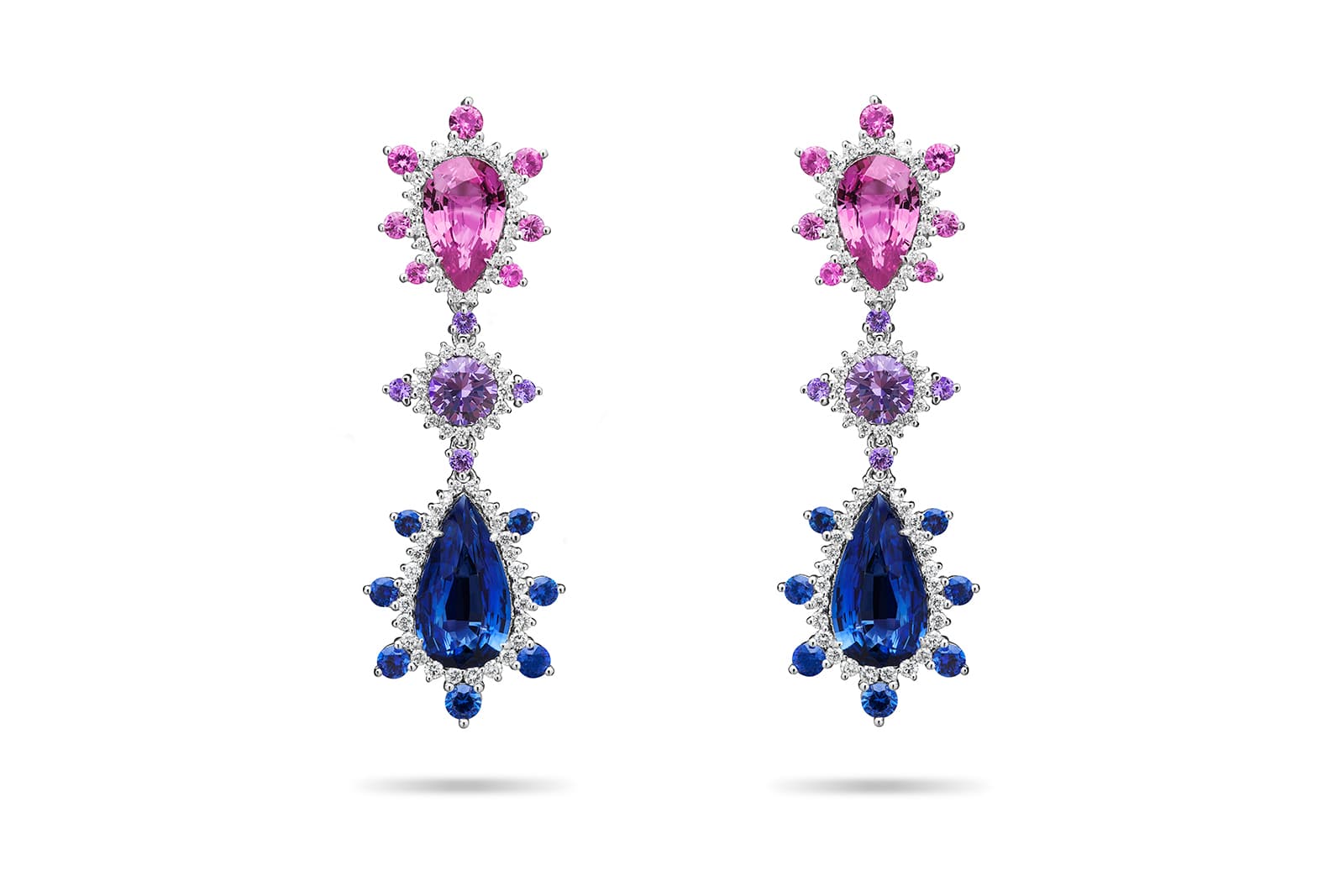 Paul Morelli Sapphire Triptych drop earrings with pink, purple and blue sapphires and diamonds