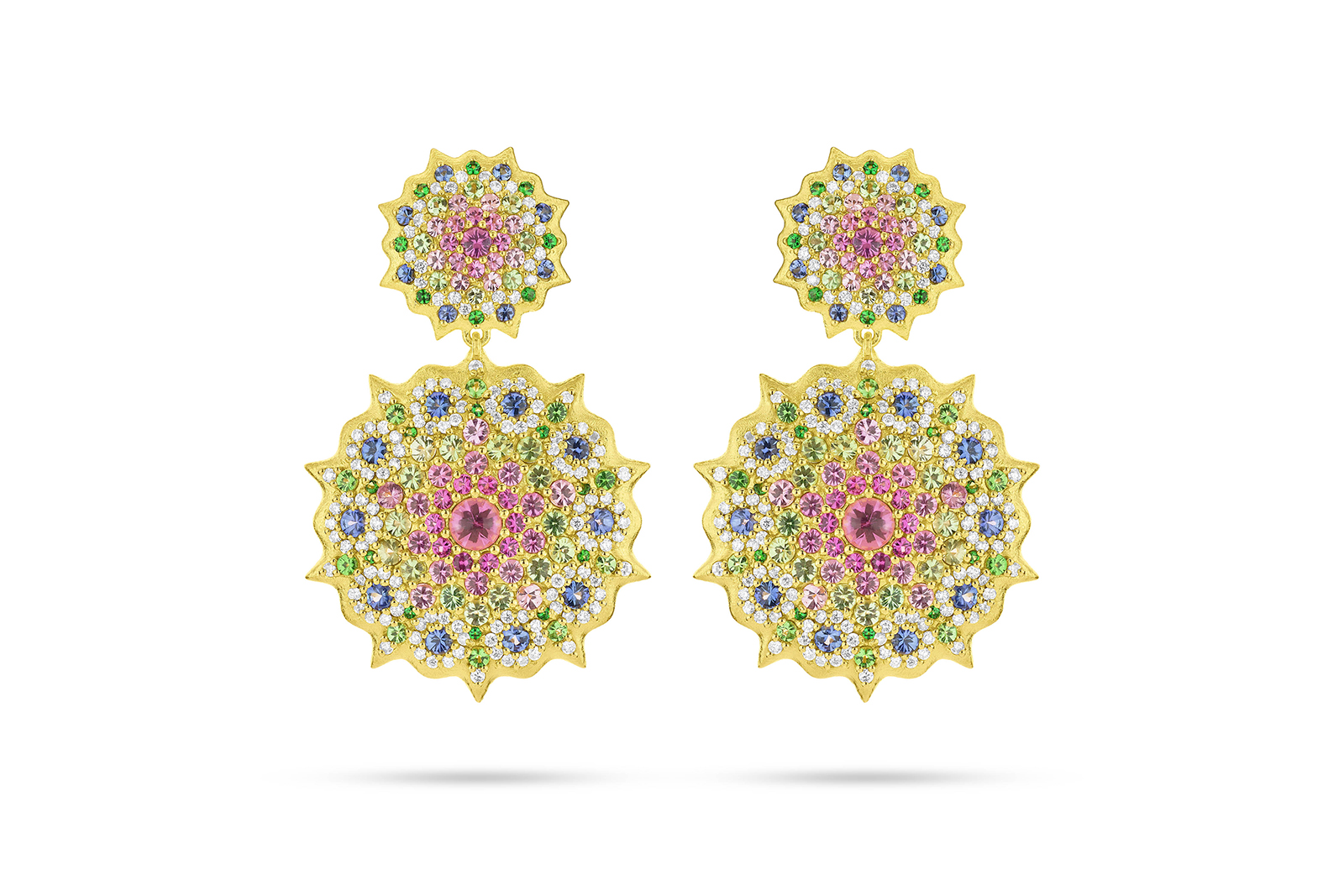  Paul Morelli Mandala earrings with white diamonds, tsavorite, pink sapphires and blue sapphires