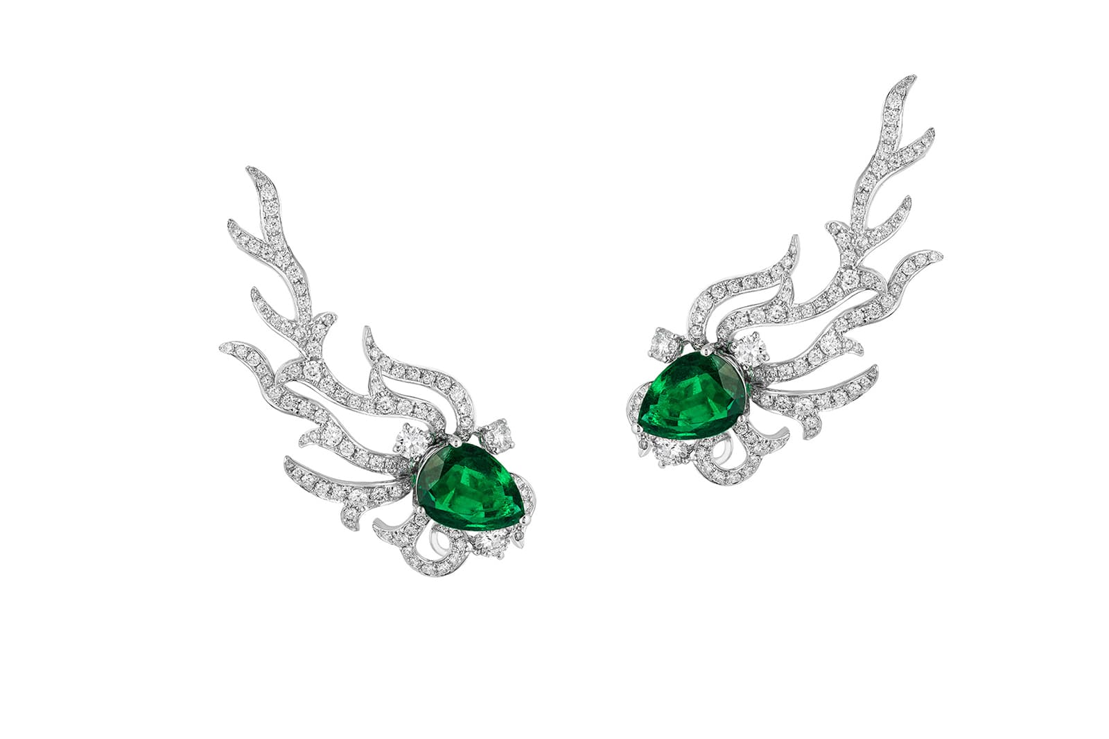  Piranesi pear-shaped emerald and diamond ear climbers