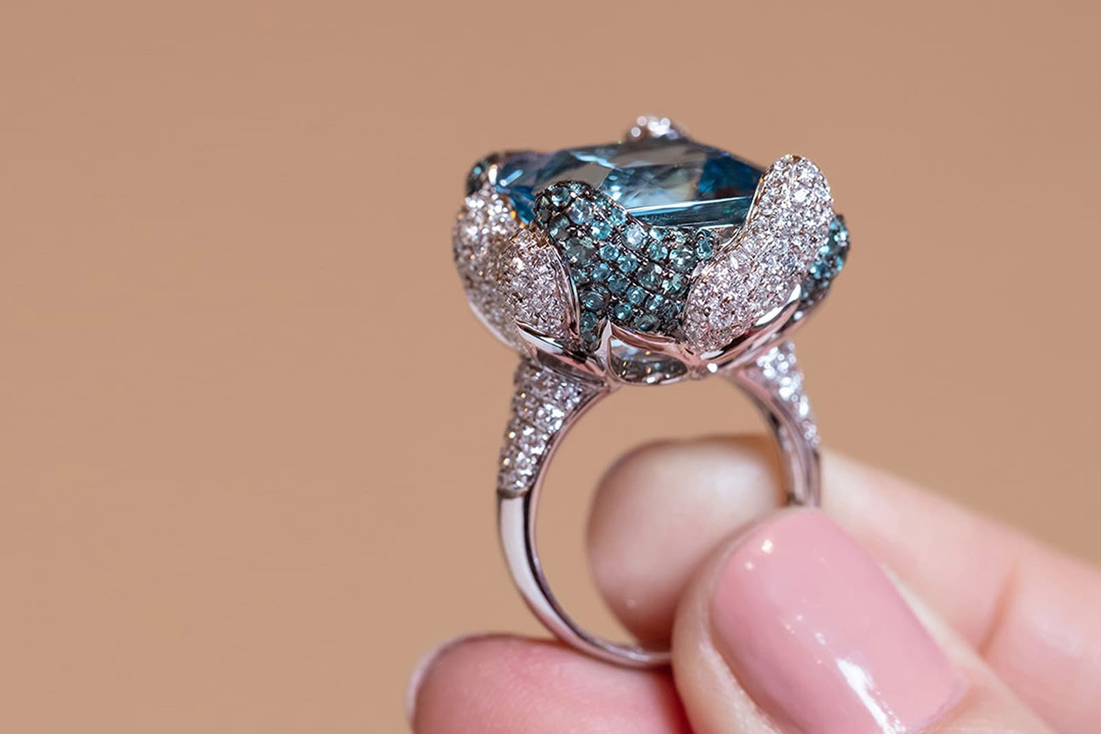  Sunita Nahata Blue Planet cocktail ring with a 16 carat Santa Maria aquamarine, accented with Paraiba tourmaline, alexandrite and diamonds