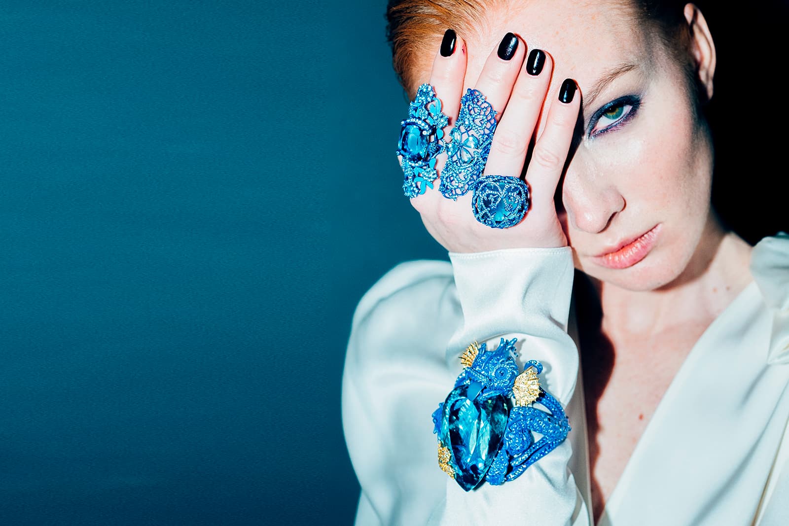 A model wears Lydia Courteille rings and cuff from the Marie Antoinette Dark Side collection