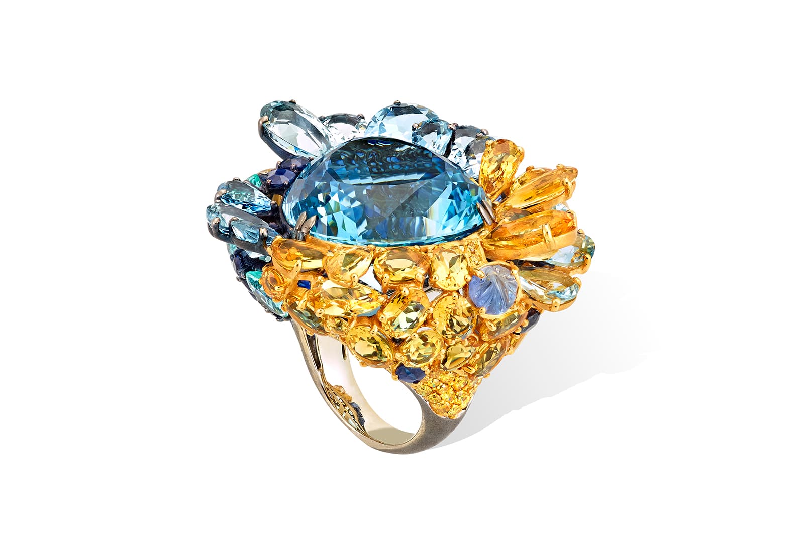  Lydia Courteille cocktail ring with aquamarine and yellow sapphires