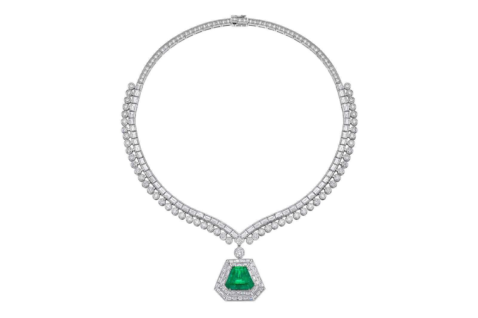  Sunita Nahata Crown Necklace from the Emerald Art Deco Collection, set with a 9.42 carat shield cut Colombian emerald
