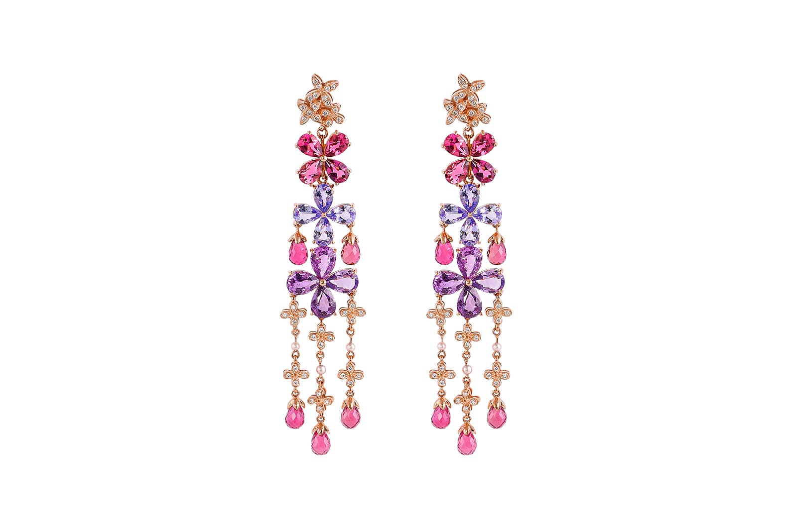  Sunita Nahata Floral Fantasy collection earrings with tanzanite, sapphire, tourmaline, pearl and diamond, set in 18k rose gold