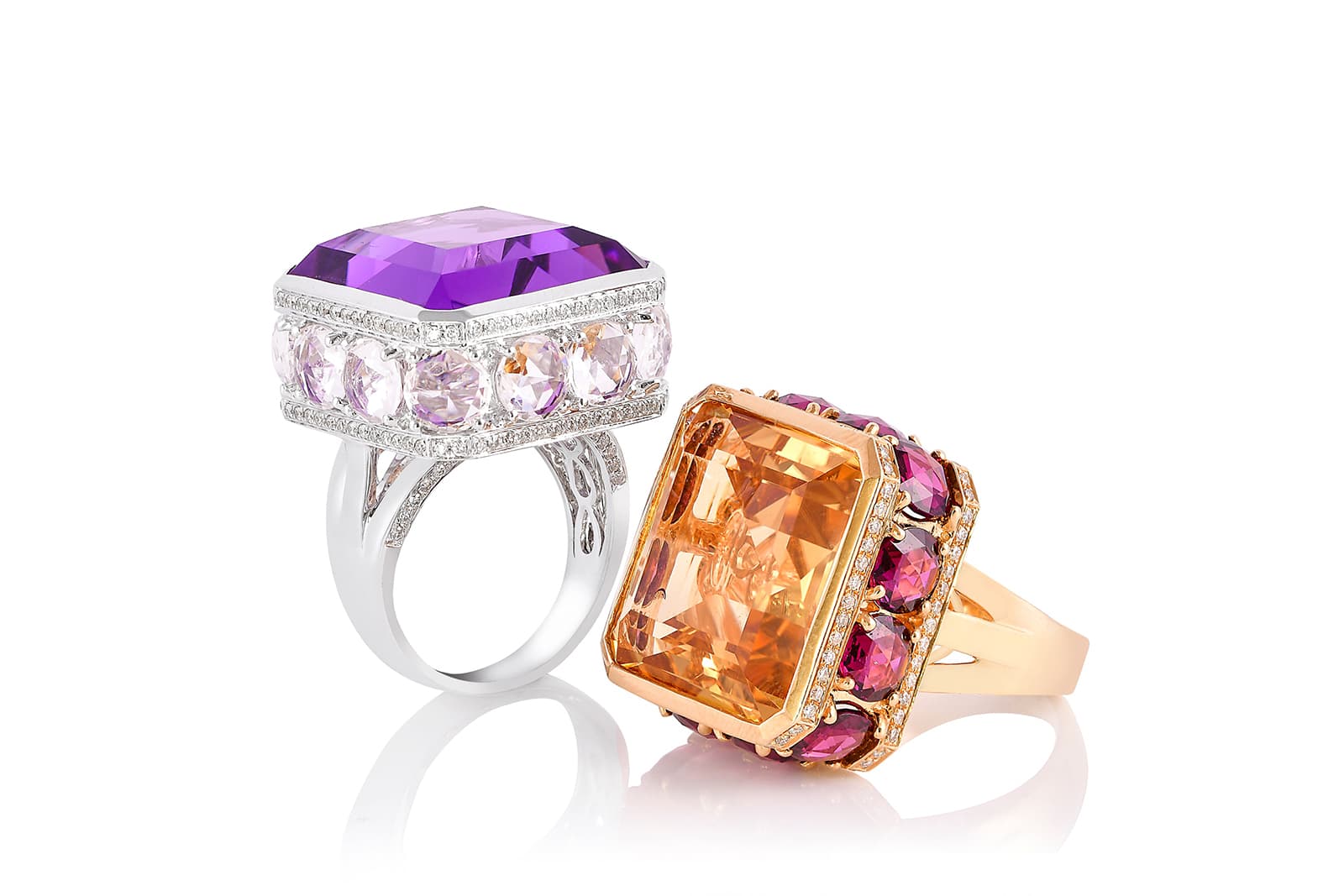  Sunita Nahata Architectural Art Deco cocktail rings with amethyst and honey quartz