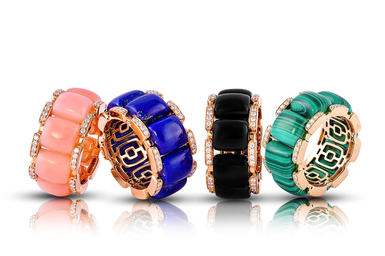  Sunita Nahata gemstone rings from the Opaque Fantasy collection, set with pink opal, lapis lazuli, black onyx and malachite