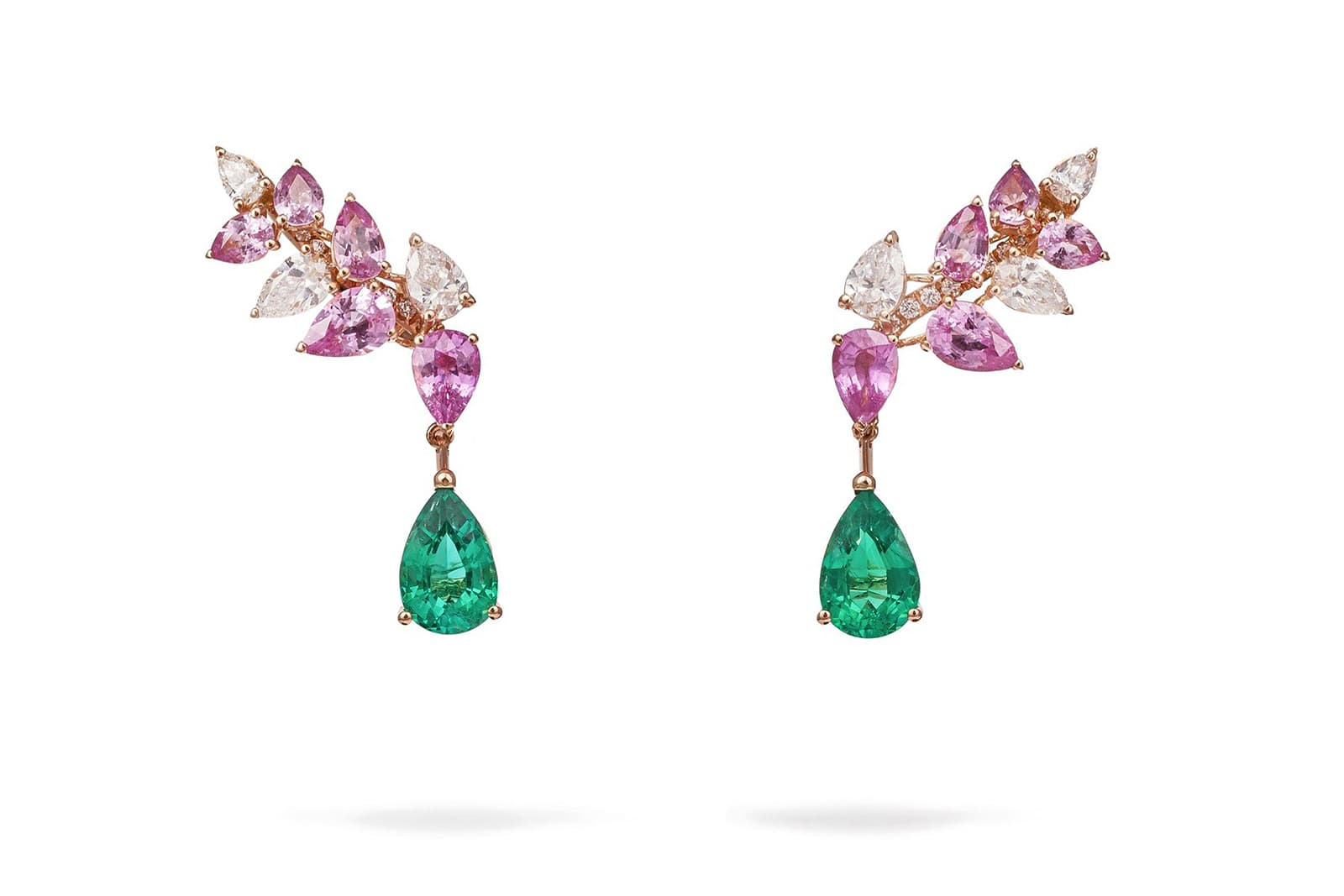  Gismondi 1754 Essenza ear climbers with pear-shaped emerald drops, pink sapphires and diamonds