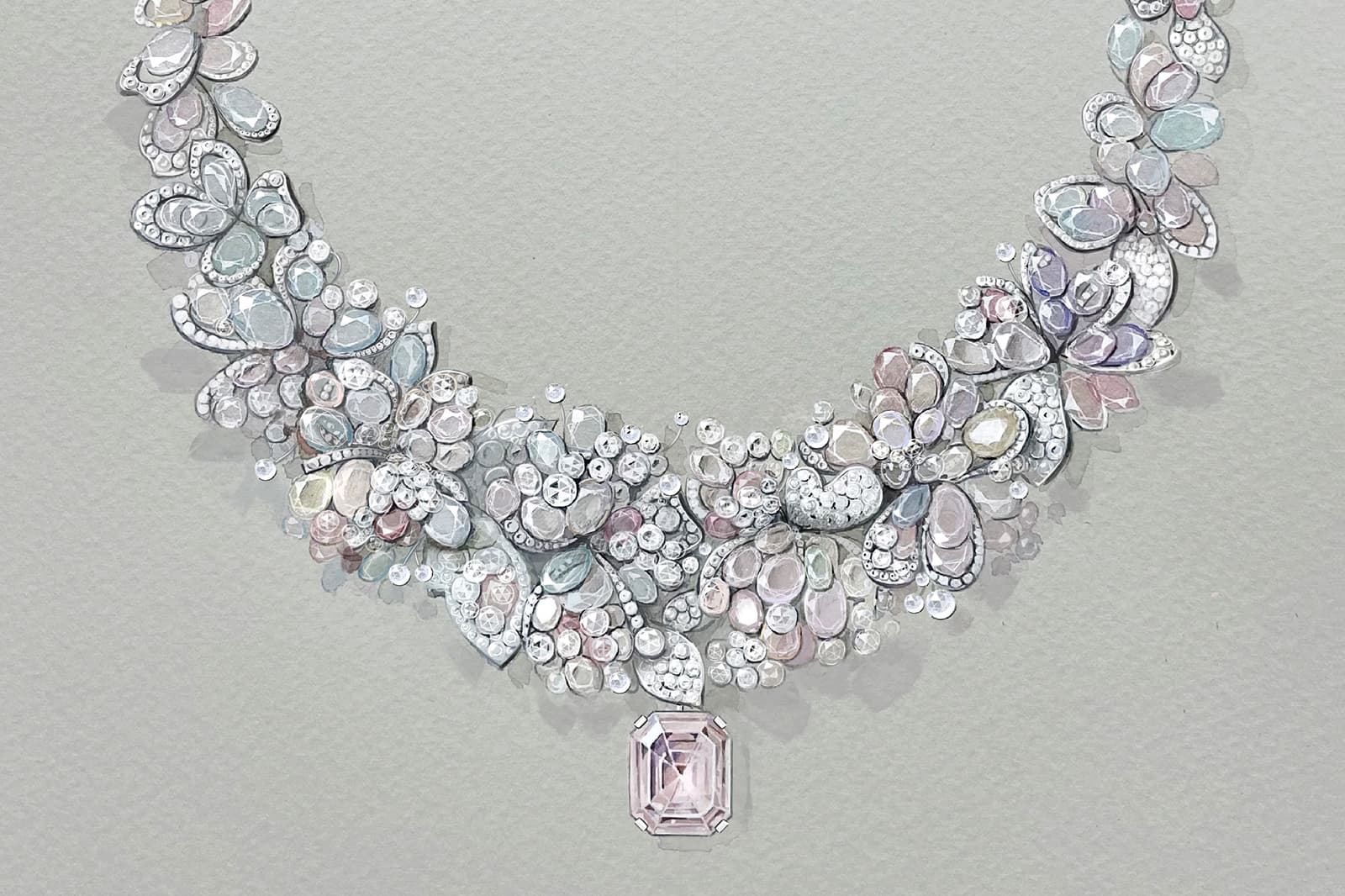  Feng J is known for “painting with precious stones” and chose a pastel palette over brightly coloured paints for the Jardin de Giverny necklace