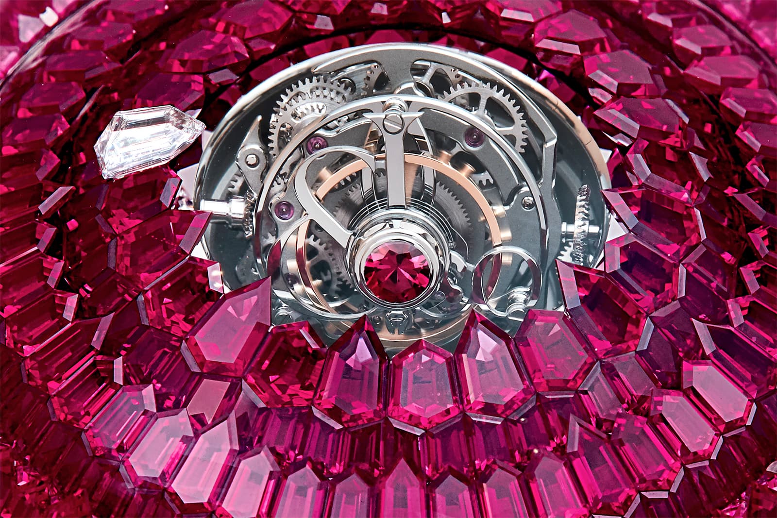  A closer view of the movement within the Jacob & Co The Mystery Tourbillon Ruby high jewellery timepiece
