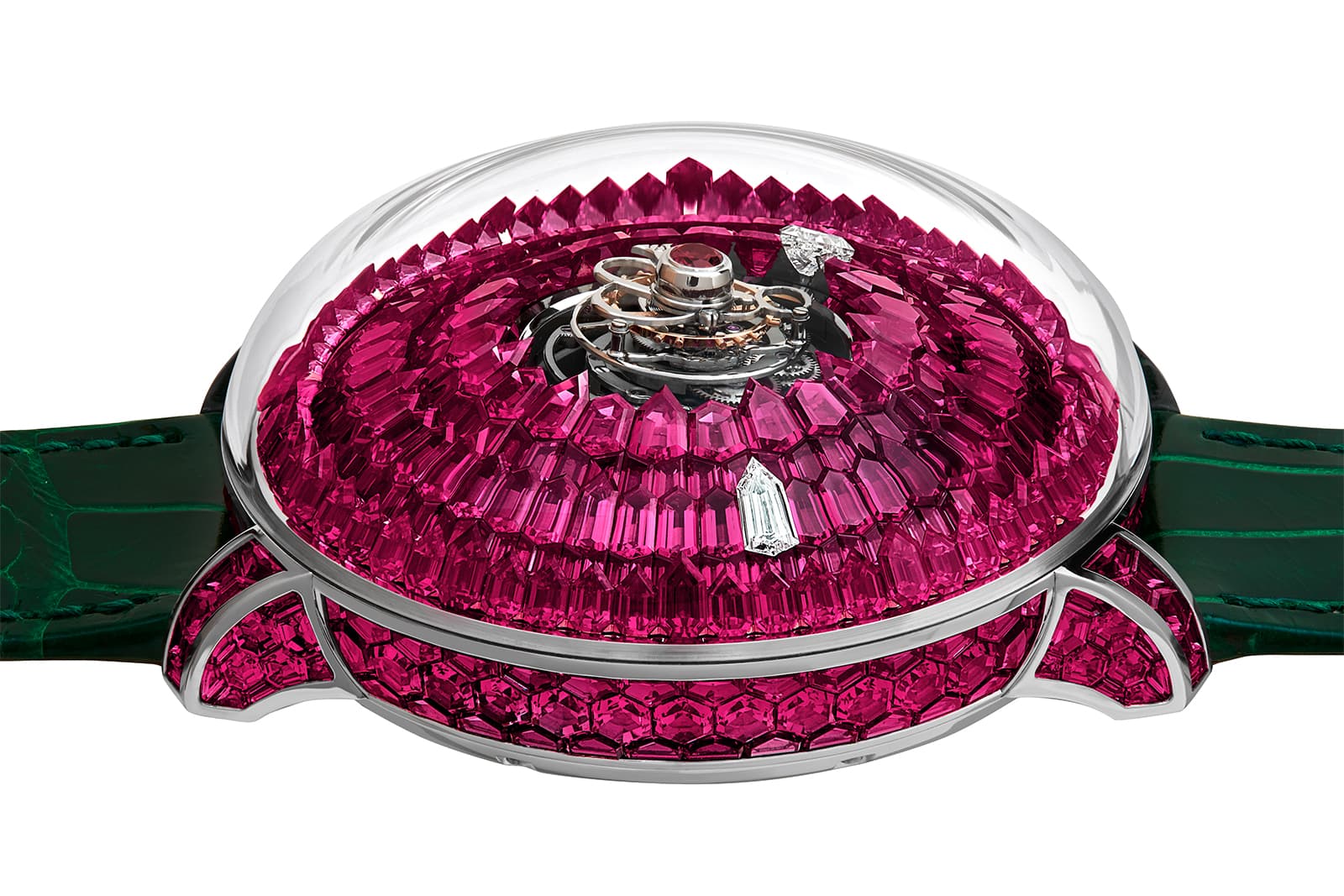  Hexagonal-shaped rubies are set on rotating discs to tell the time in The Mystery Tourbillon Ruby by Jacob & Co