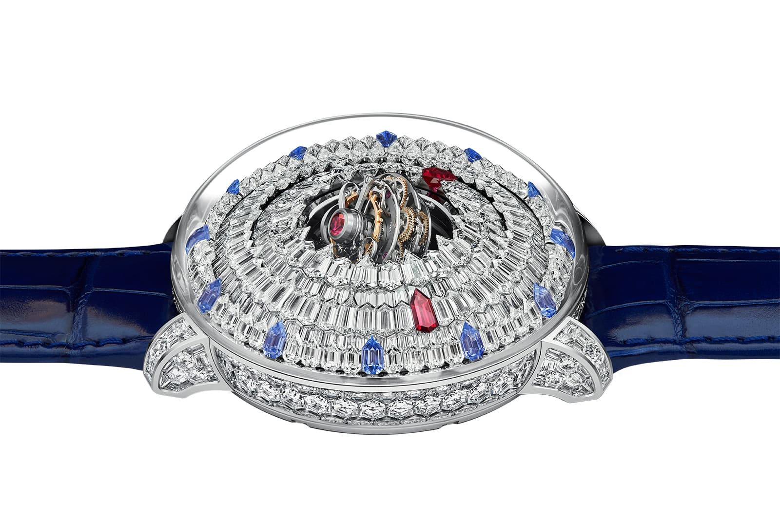  Beneath the domed glass of The Mystery Tourbillon by Jacob & Co are two triple-axis tourbillons, placed back-to-back