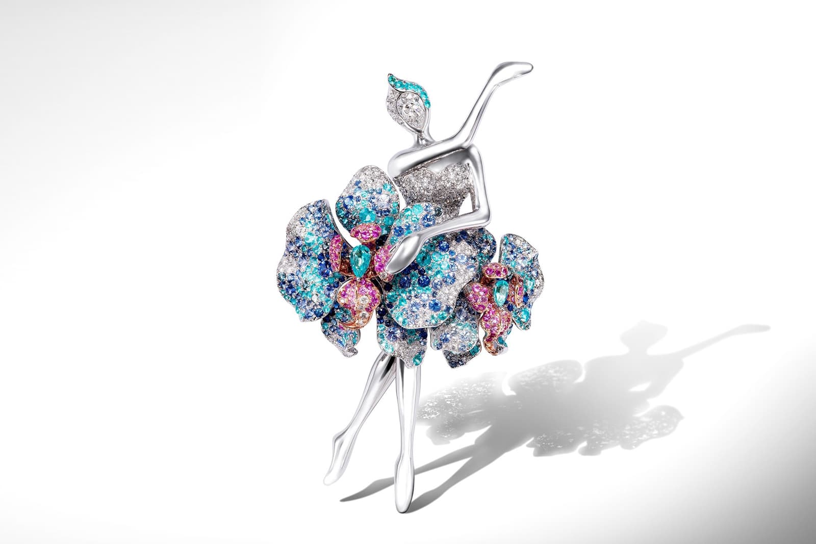  Anna Hu ballerina brooch with a coloured gemstone and diamond flower tutu 
