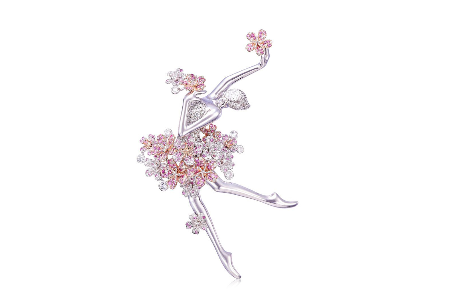  Anna Hu ballerina brooch with pink sapphire and diamond-set flowers 