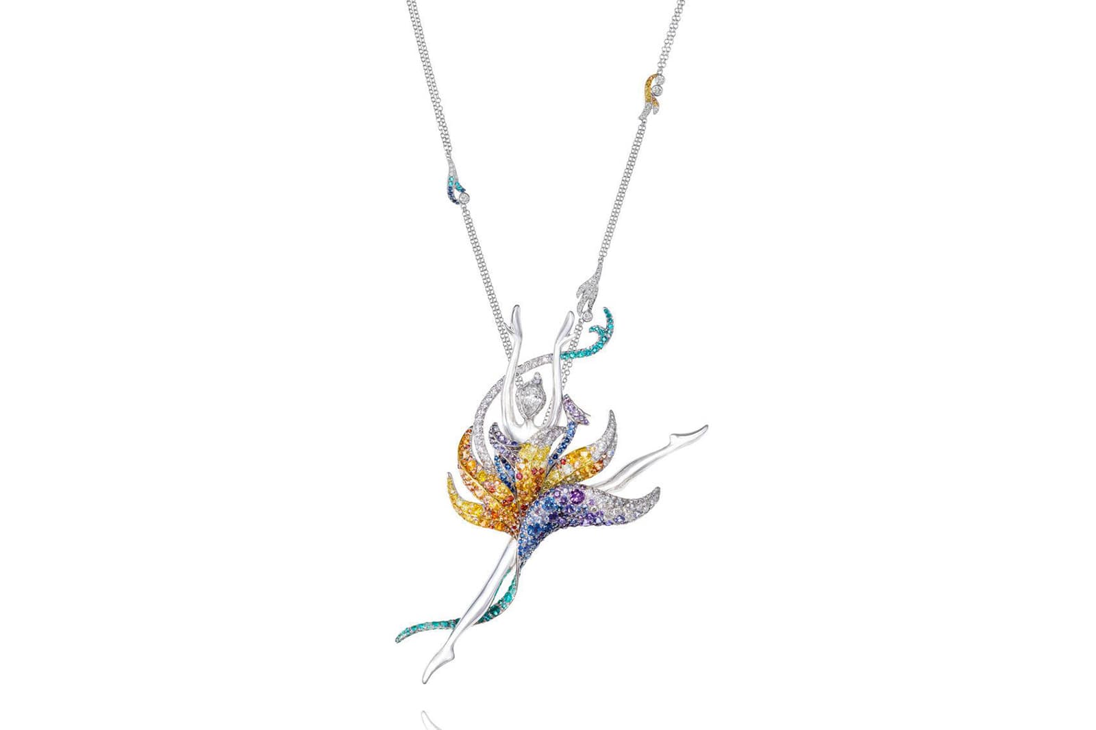  A ballerina mid-leap, captured in pendant form by Anna Hu and adorned with coloured gemstones and diamonds