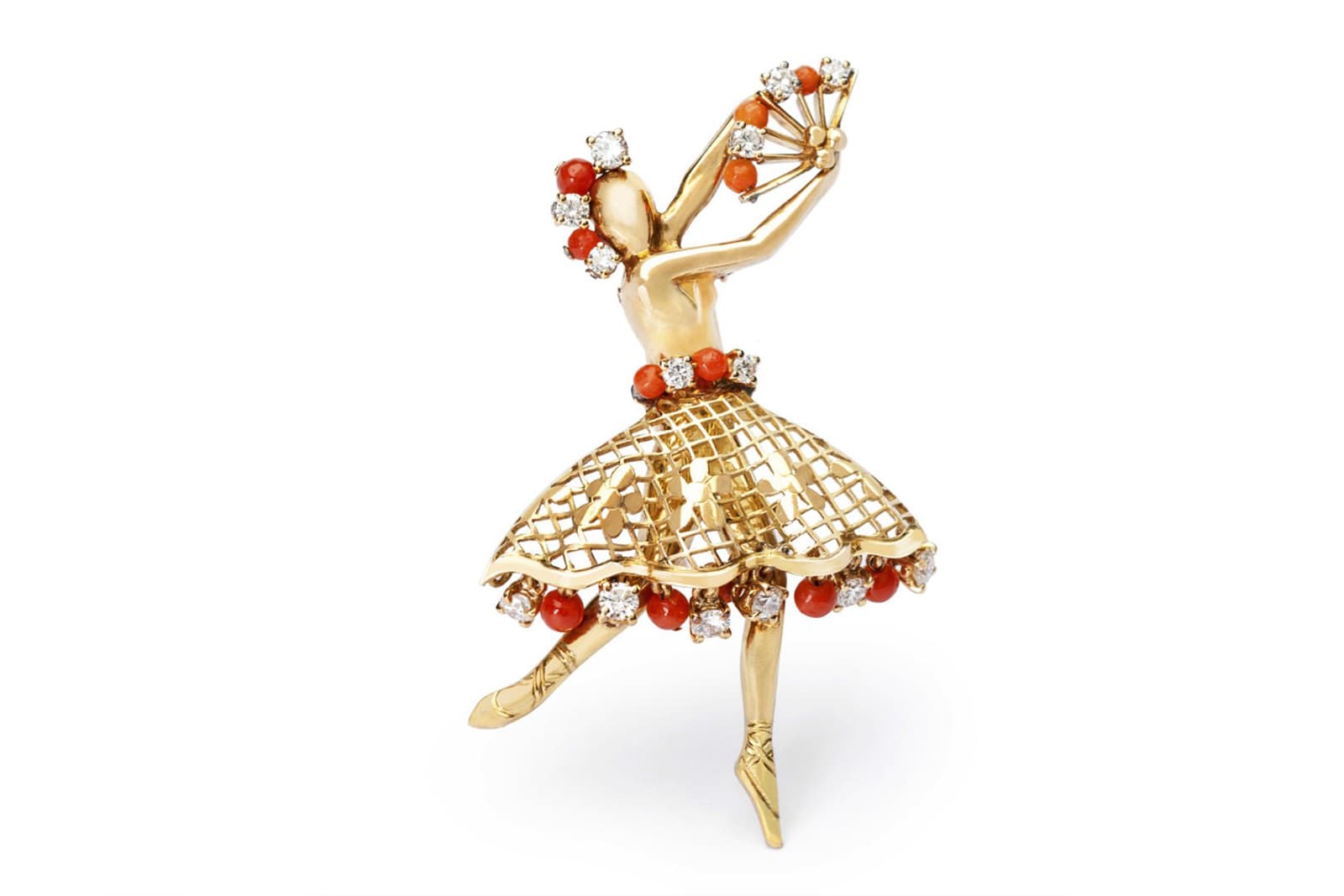  John Rubel yellow gold ballerina brooch with coral cabochons and colourless diamonds 