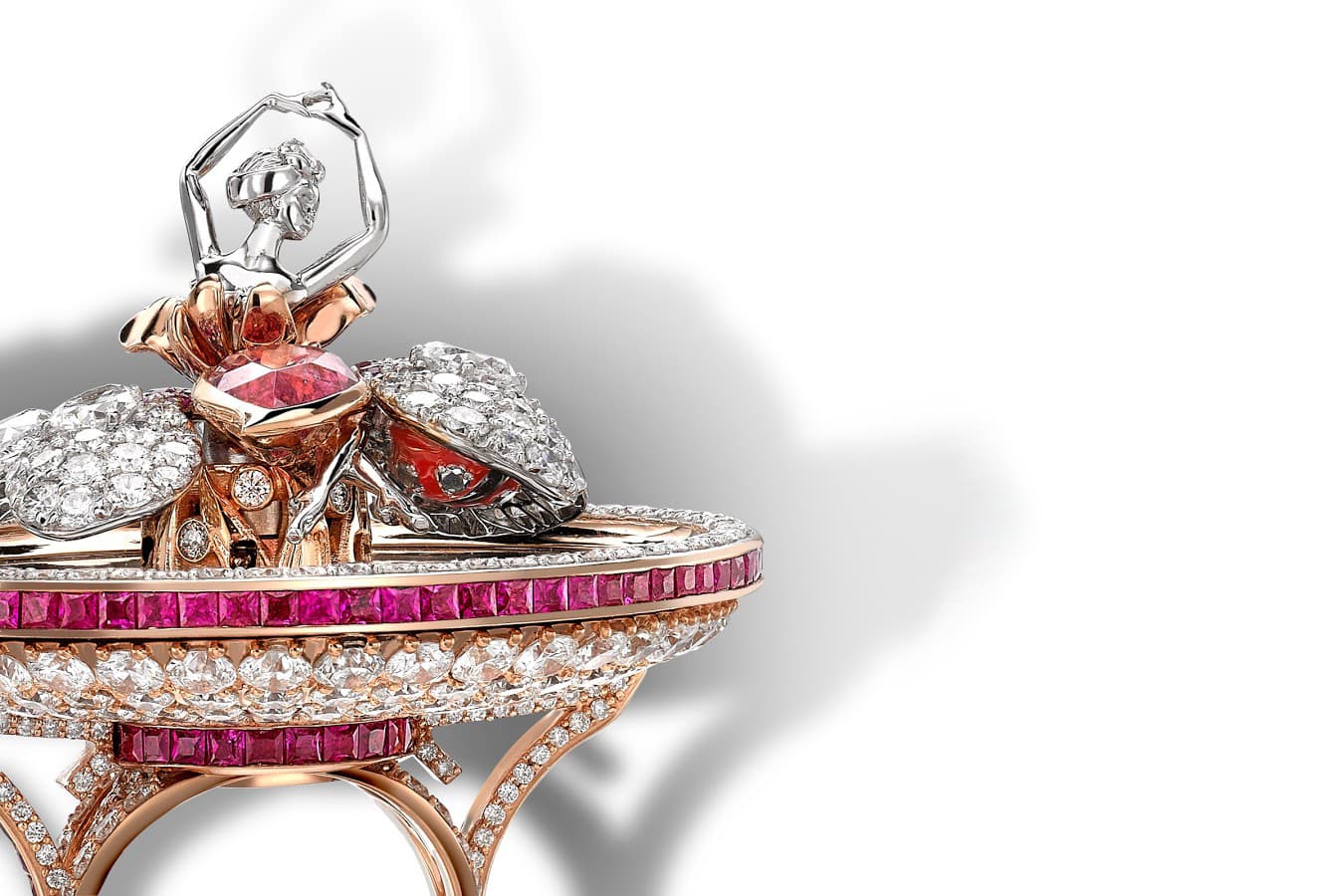  Sybarite three-dimensional dancing ballerina ring with rubies and diamonds in rose gold