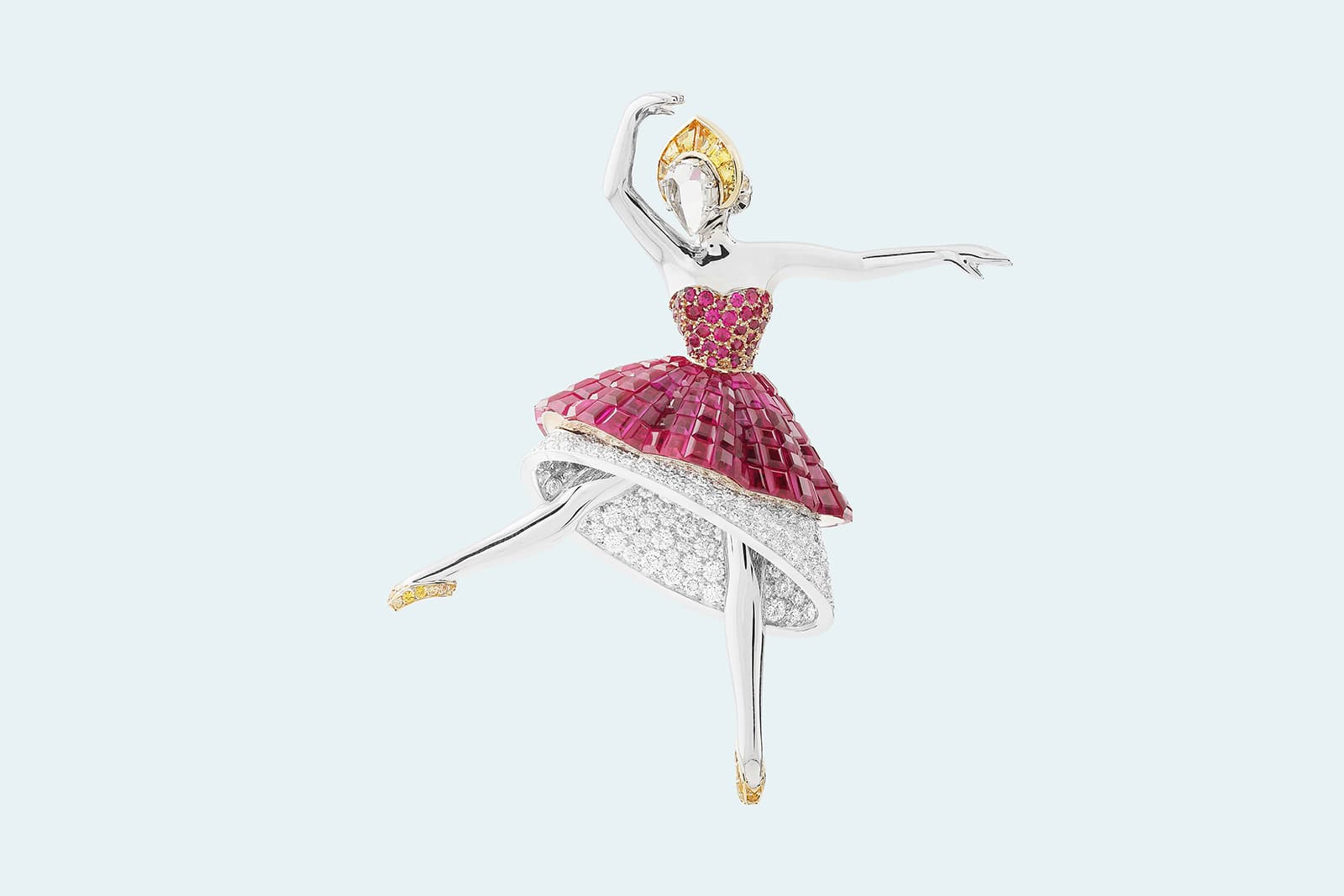  Van Cleef & Arpels ballerina brooch with 'Mystery Set' rubies and diamonds in yellow and white gold