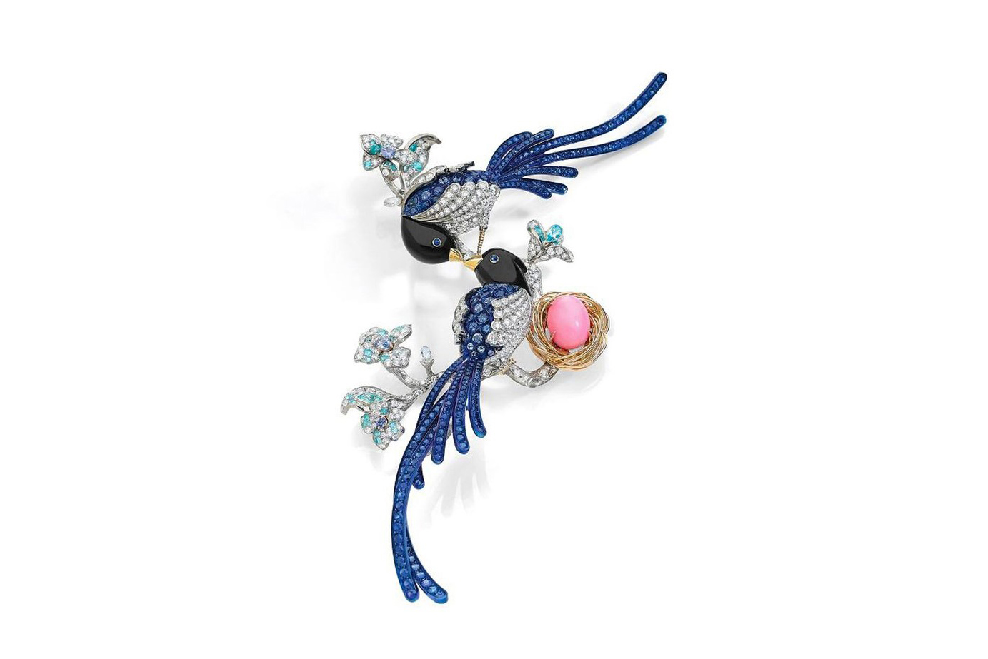  Anna Hu Blue Magpie brooch with conch pearls, coloured gemstones, diamonds and enamel 